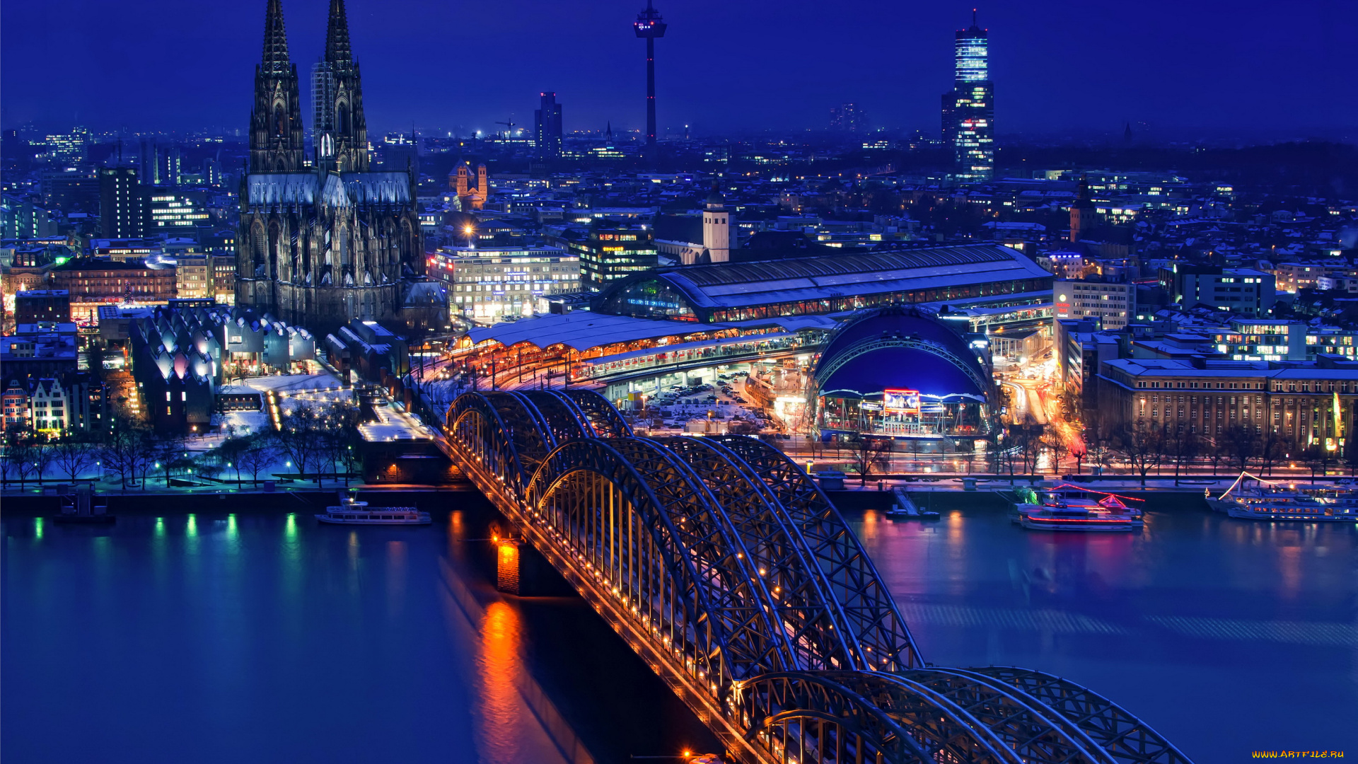 кельн, германия, города, кельн, , германия, река, дома, ночь, огни, кельн, мост