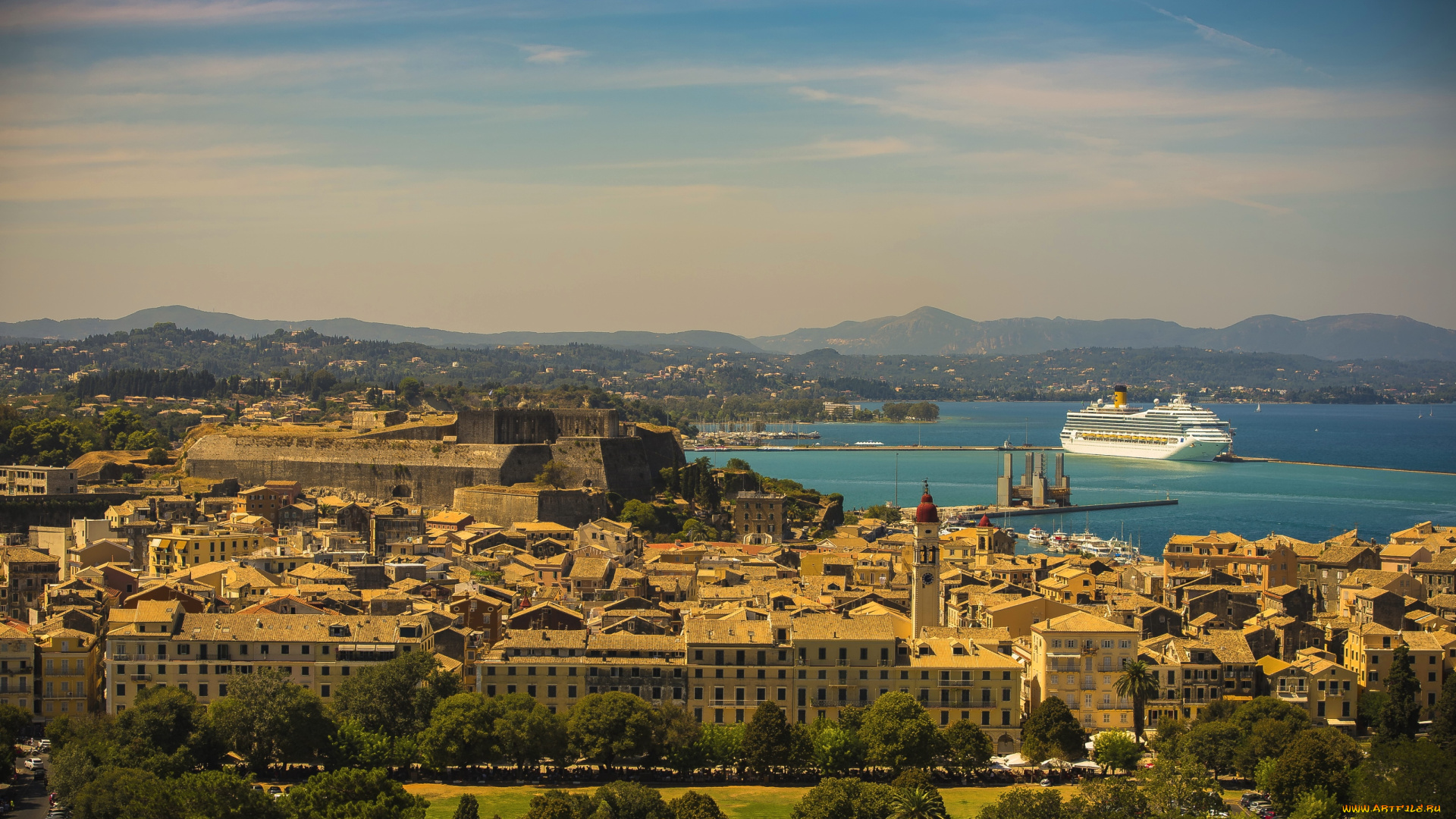 кркира, , греция, города, -, панорамы, дома, море, лайнер