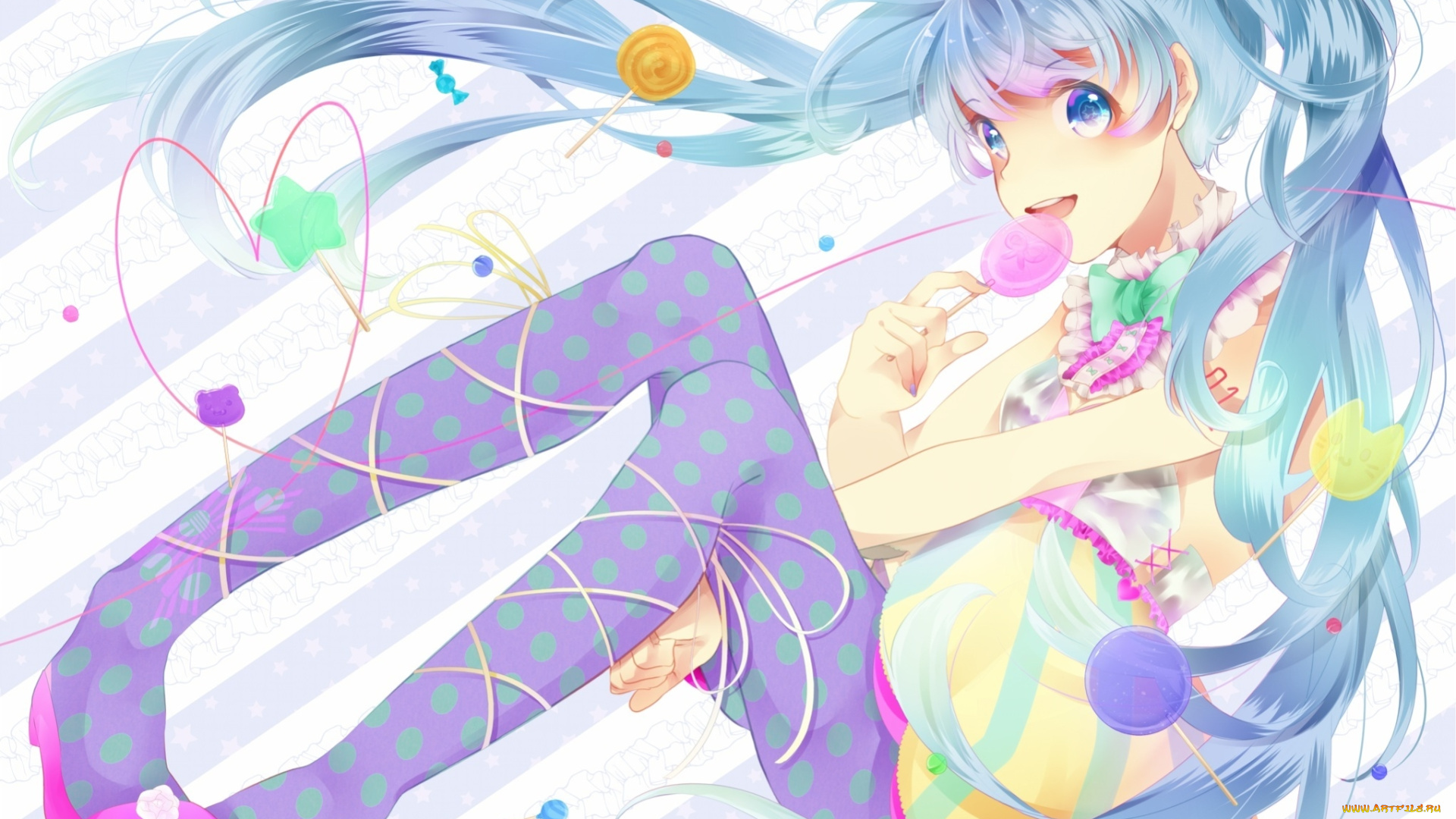 vocaloid, аниме, арт, ichika, krone1, hatsune, miku, девушка, конфеты, сладости, бантики