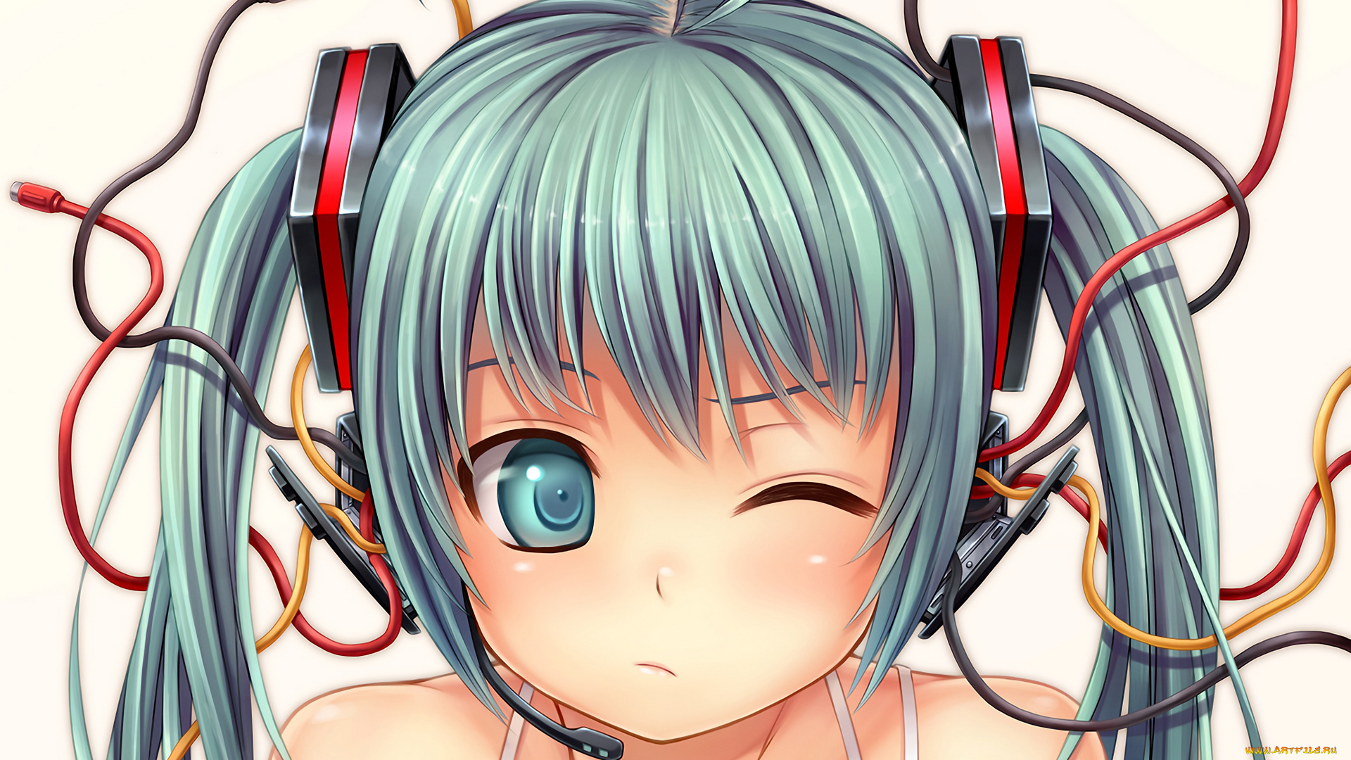 vocaloid, аниме, art, провода, наушники, девушка, hatsune, miku, namaru
