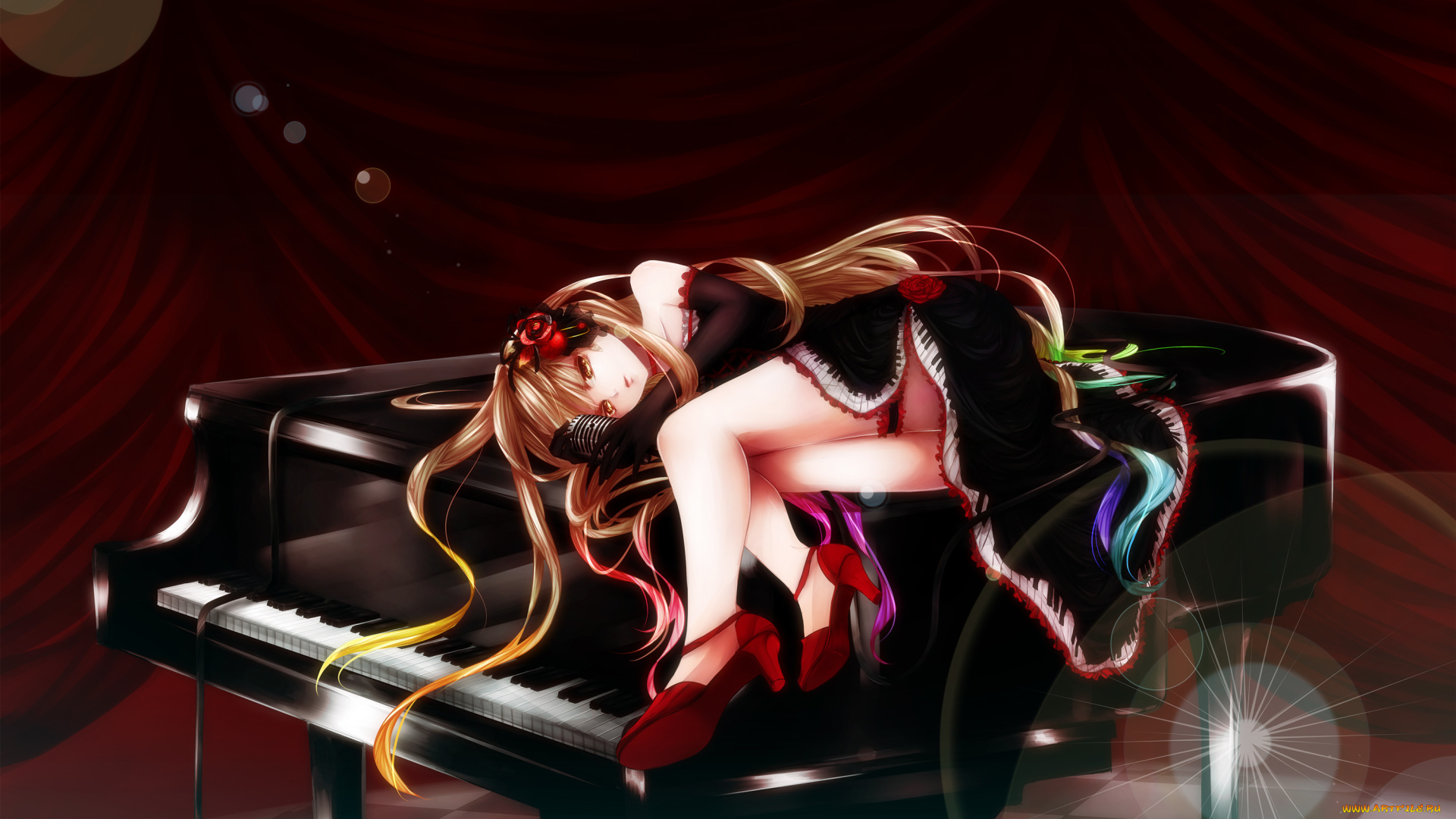 vocaloid, аниме, цветок, лежит, itsuneko, арт, рояль, девушка, mayu