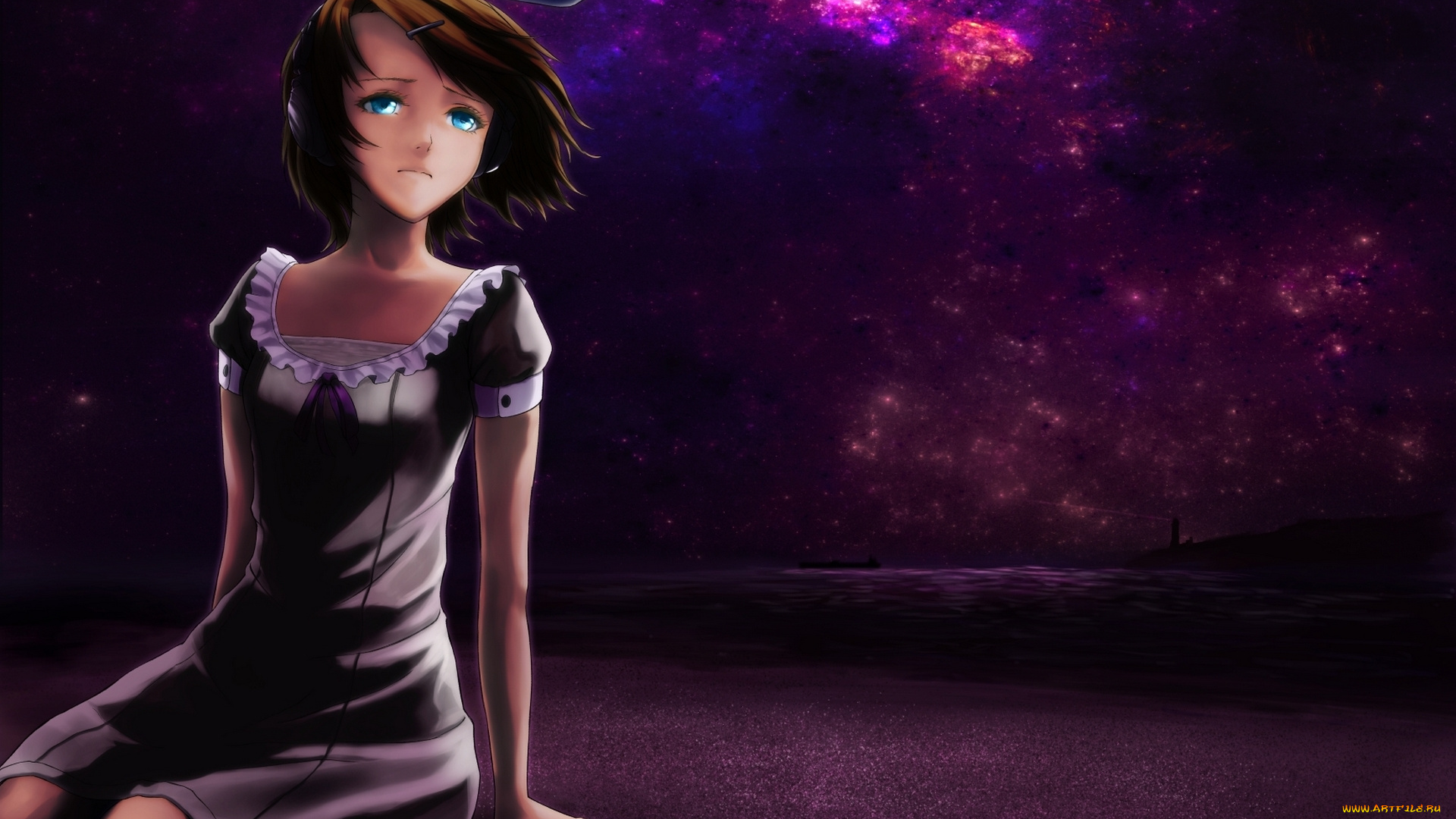 vocaloid, аниме, девушка, kagamine, rin, raiden, ночь, свет, маяк, наушники, океан, звезды, небо, берег, бант, арт, din