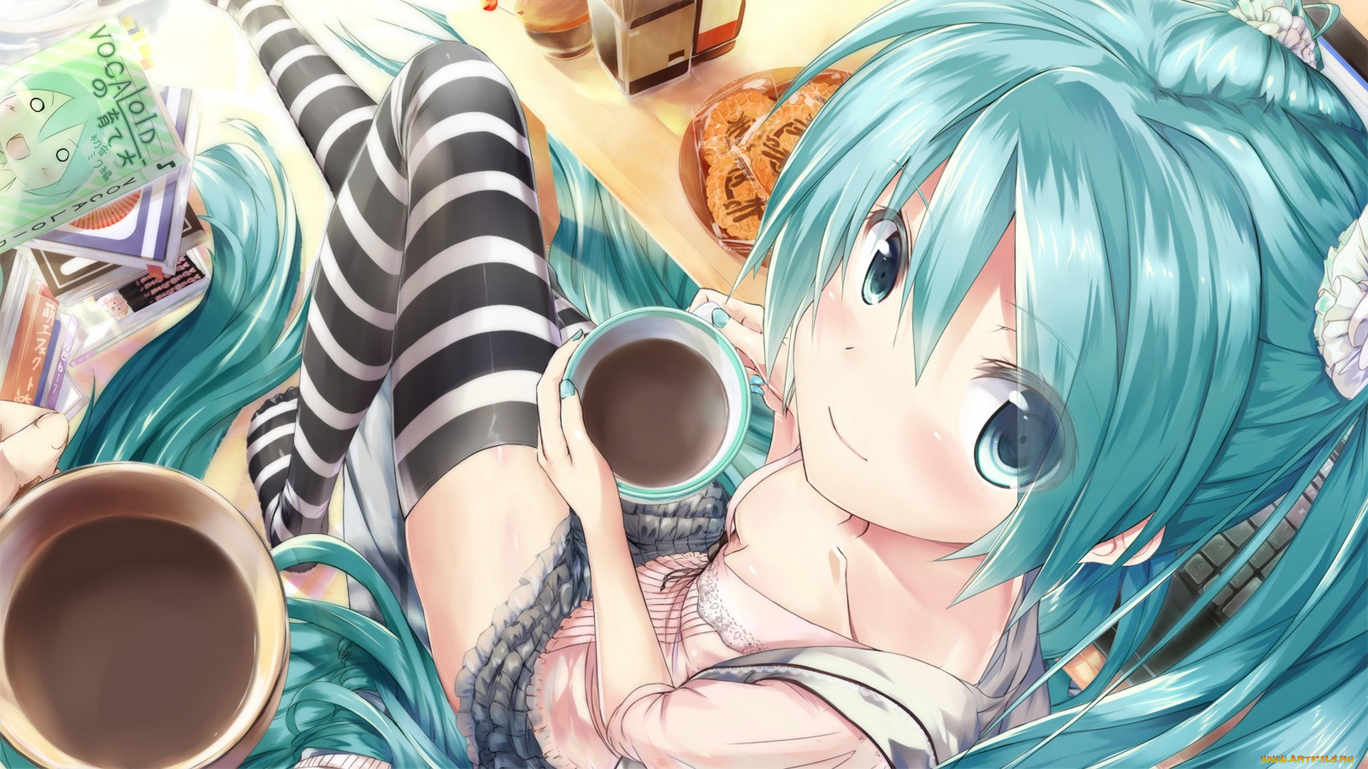 vocaloid, аниме, hatsune, miku, demitasse, daidou, арт, улыбка, печенье, кофе, чашки, девушка