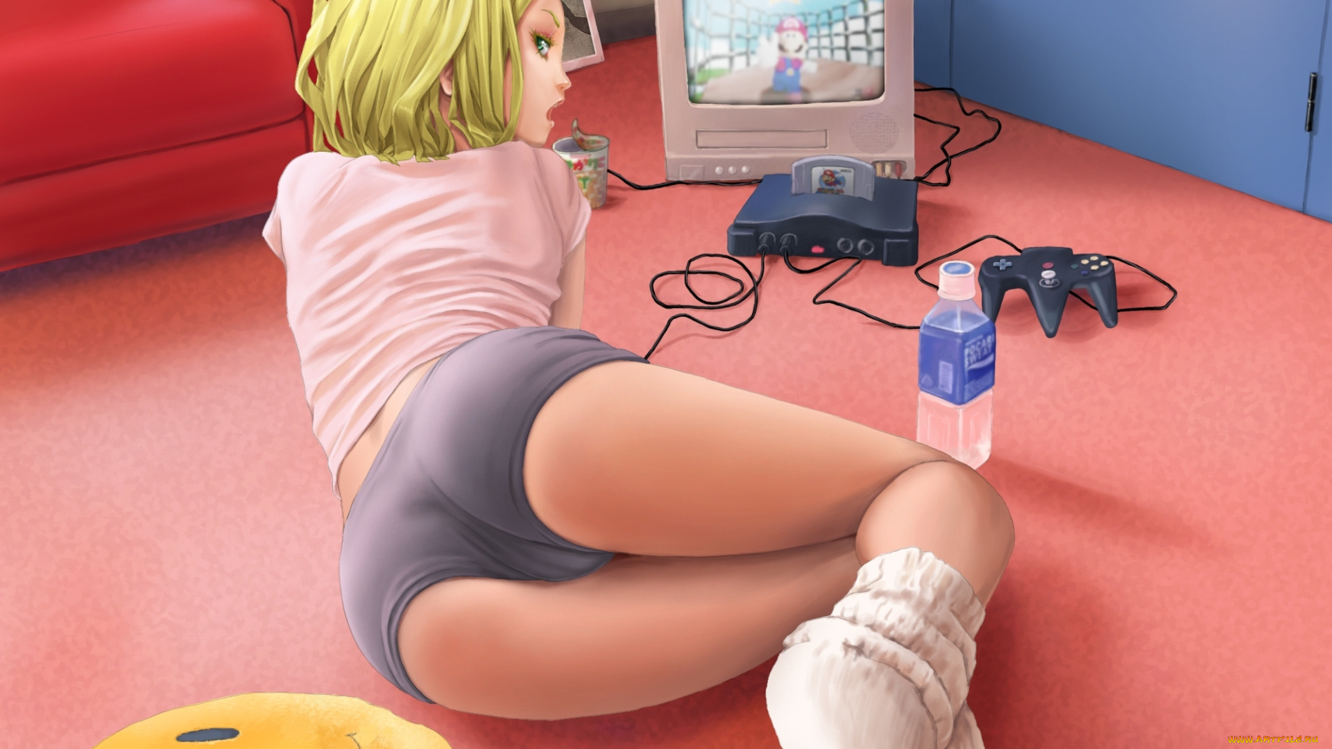 vocaloid, аниме, игра, приставка, попка, спортивная, форма, взгляд, kagamine, rin, девушка, art, pi, super, mario, bros, комната, подушка, вода, вокалоид