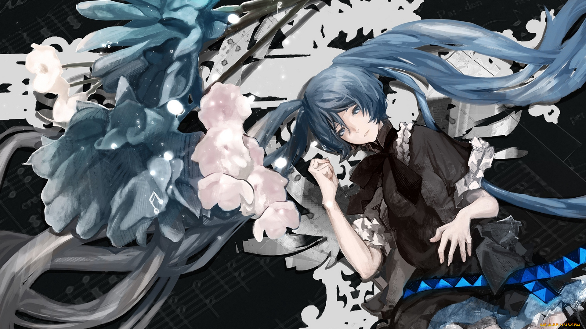 vocaloid, аниме, nello, ноты, цветы, девушка, арт, hatsune, miku, luminous, darkness