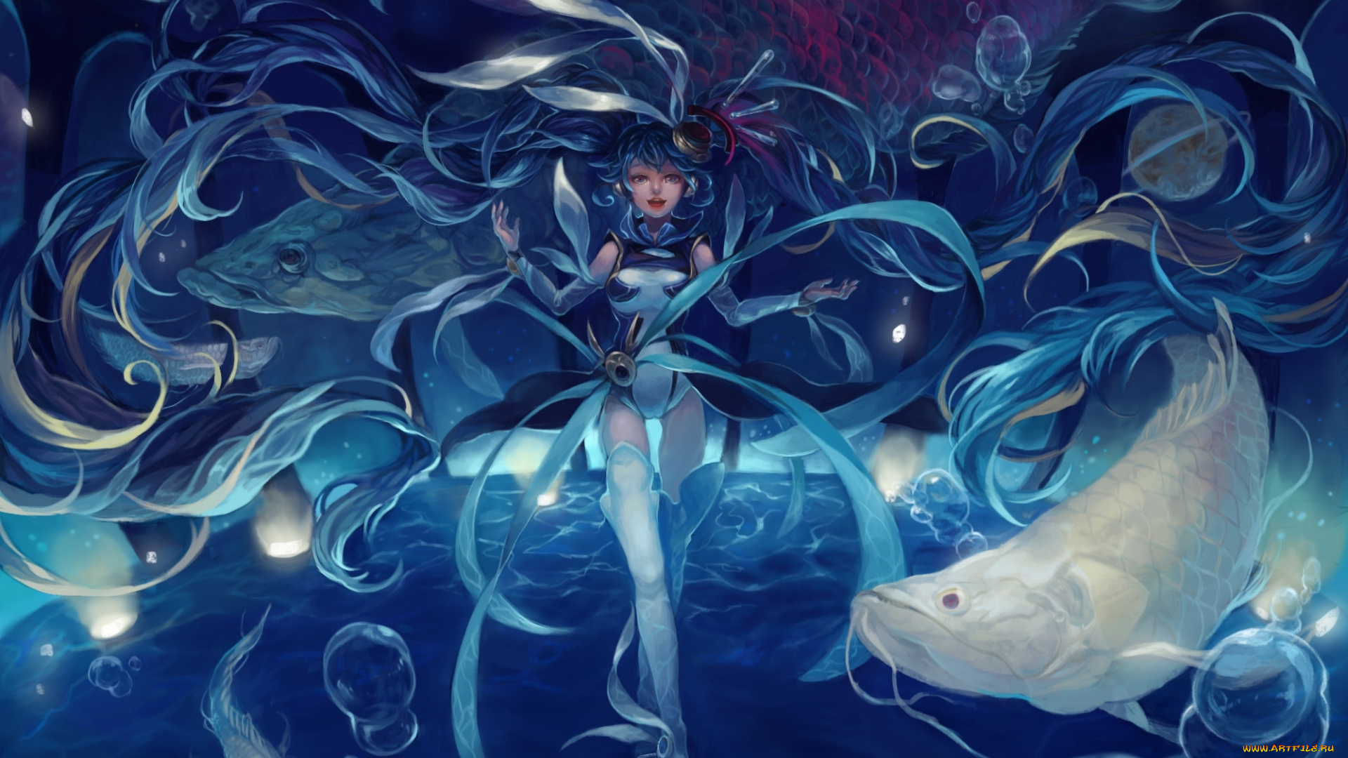 vocaloid, аниме, пузыри, рыбы, девушка, hatsune, miku, meniusa, арт, под, водой