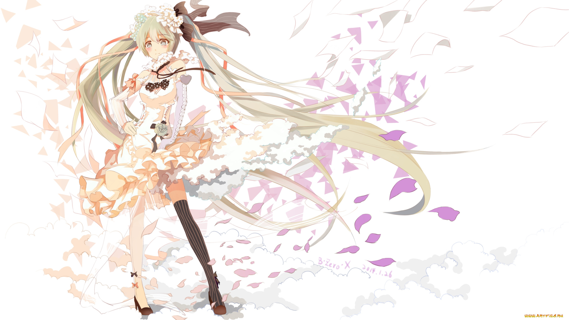 vocaloid, аниме, сердечко, розы, цветы, лепестки, девушка, hatsune, miku, bzerox, арт