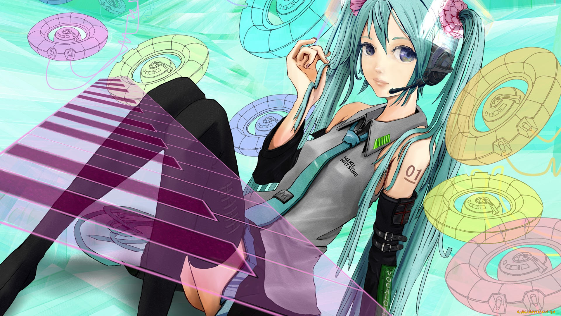 vocaloid, аниме, сидит, взгляд, девушка, hatsune, miku, sputnik, films, art, наушники