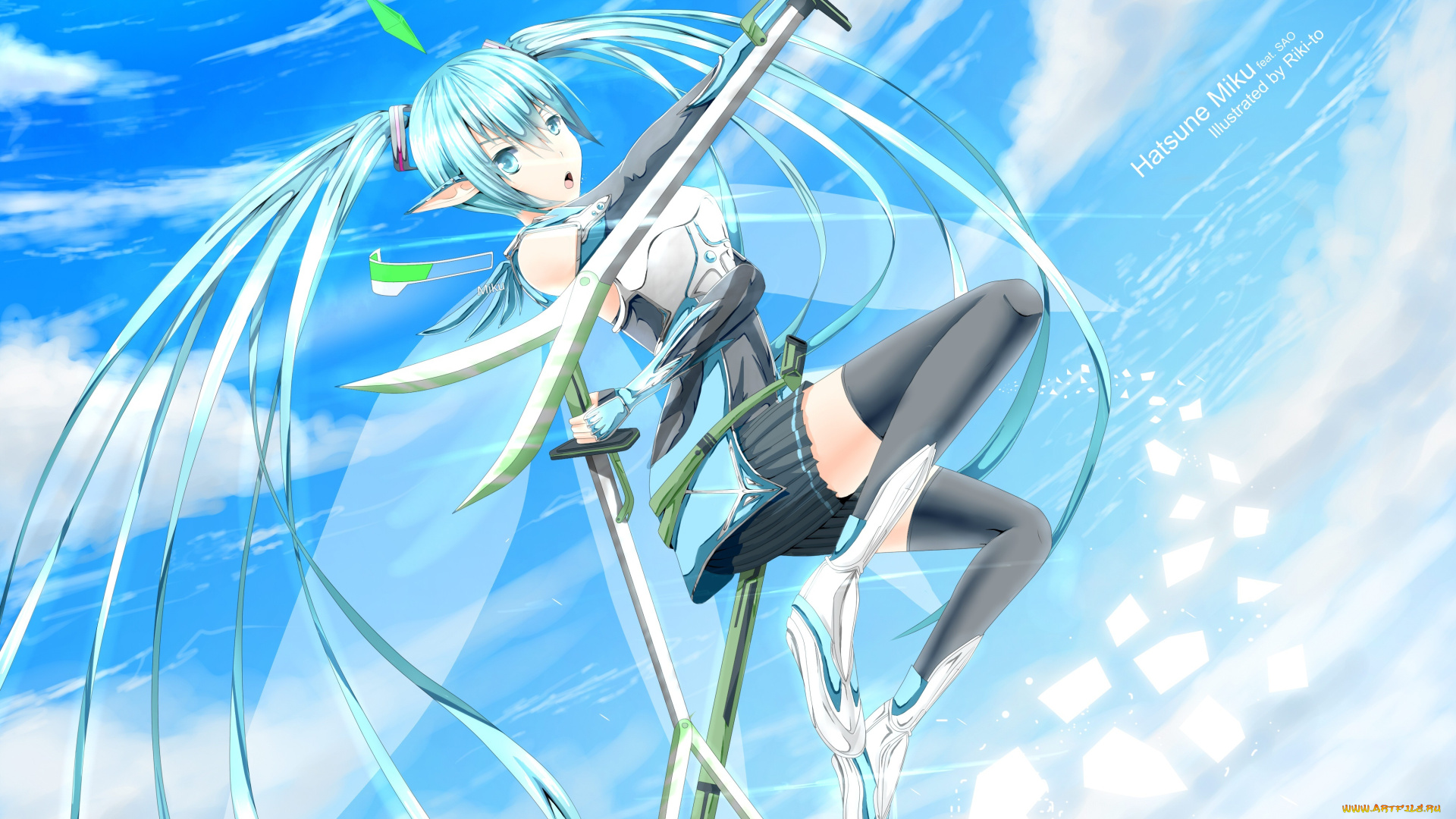 vocaloid, аниме, sword, art, online, ножны, мечи, доспех, форма, полёт, крылья, взгляд, девушка, hatsune, miku, riki-to, cross-over, кроссовер, облака, небо, оружие