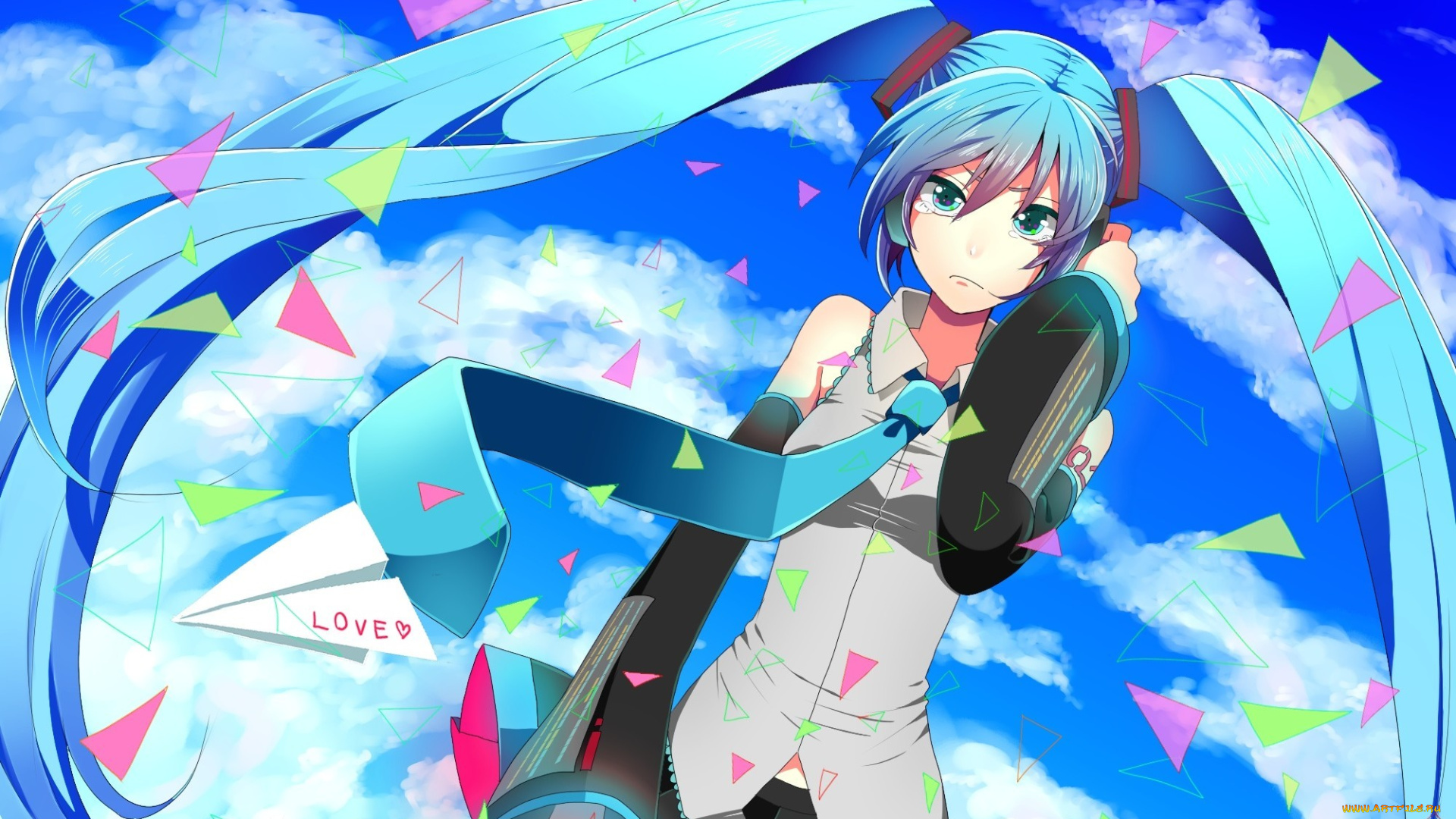 vocaloid, аниме, треугольники, бумага, облака, love, бумажный, самолетик, девушка, слезы, hatsune, miku, somezima, арт