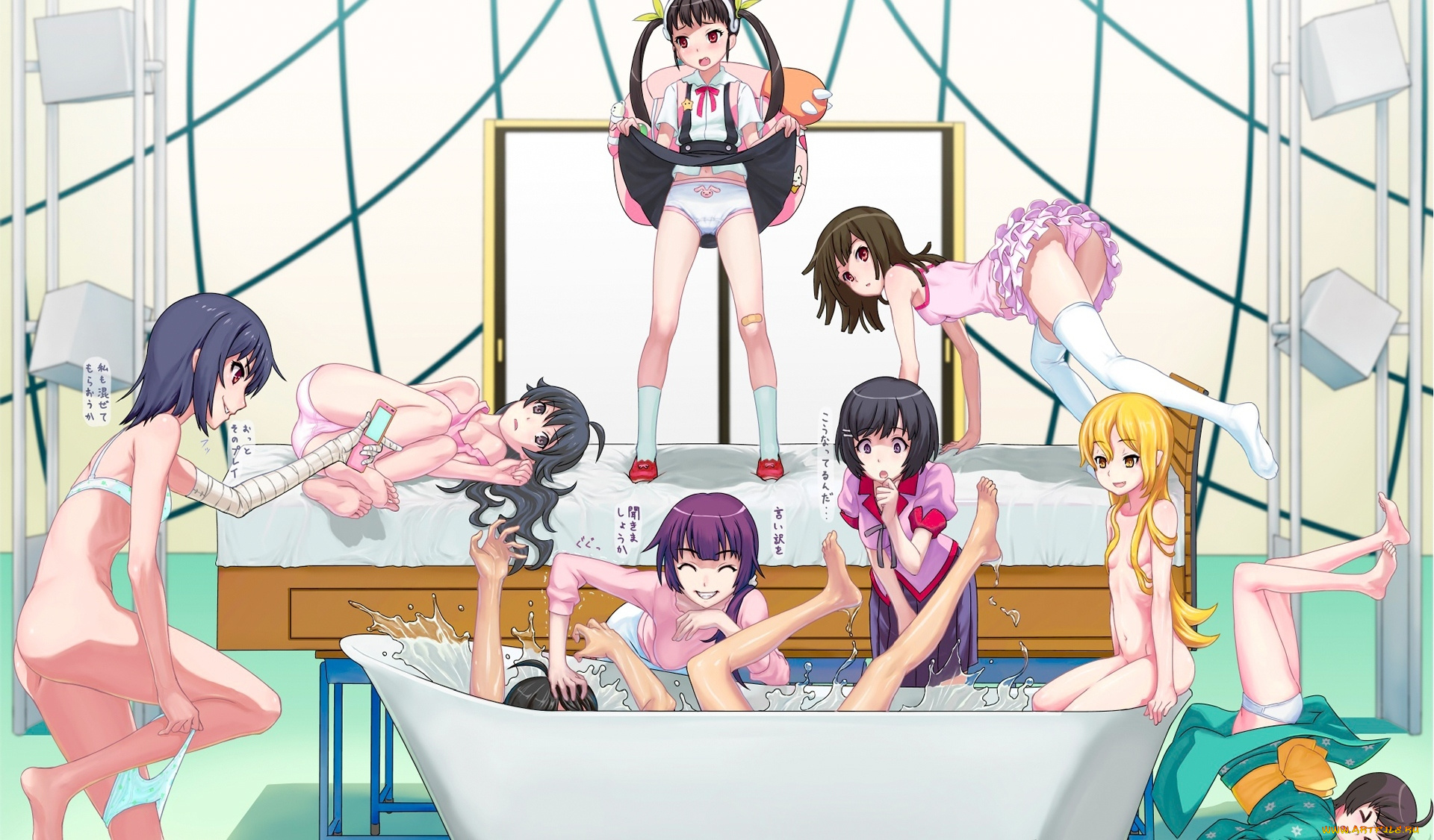 bakemonogatari, аниме, мужчина, araragi, koyomi, ванна, вода, брызги, гарем, девушки, araragi, karen, araragi, tsukihi, sengoku, nadeko, hanekawa, tsubasa, hachikuji, mayoi, kanbaru, suruga, oshino, shinobu, senjougahara, hitagi