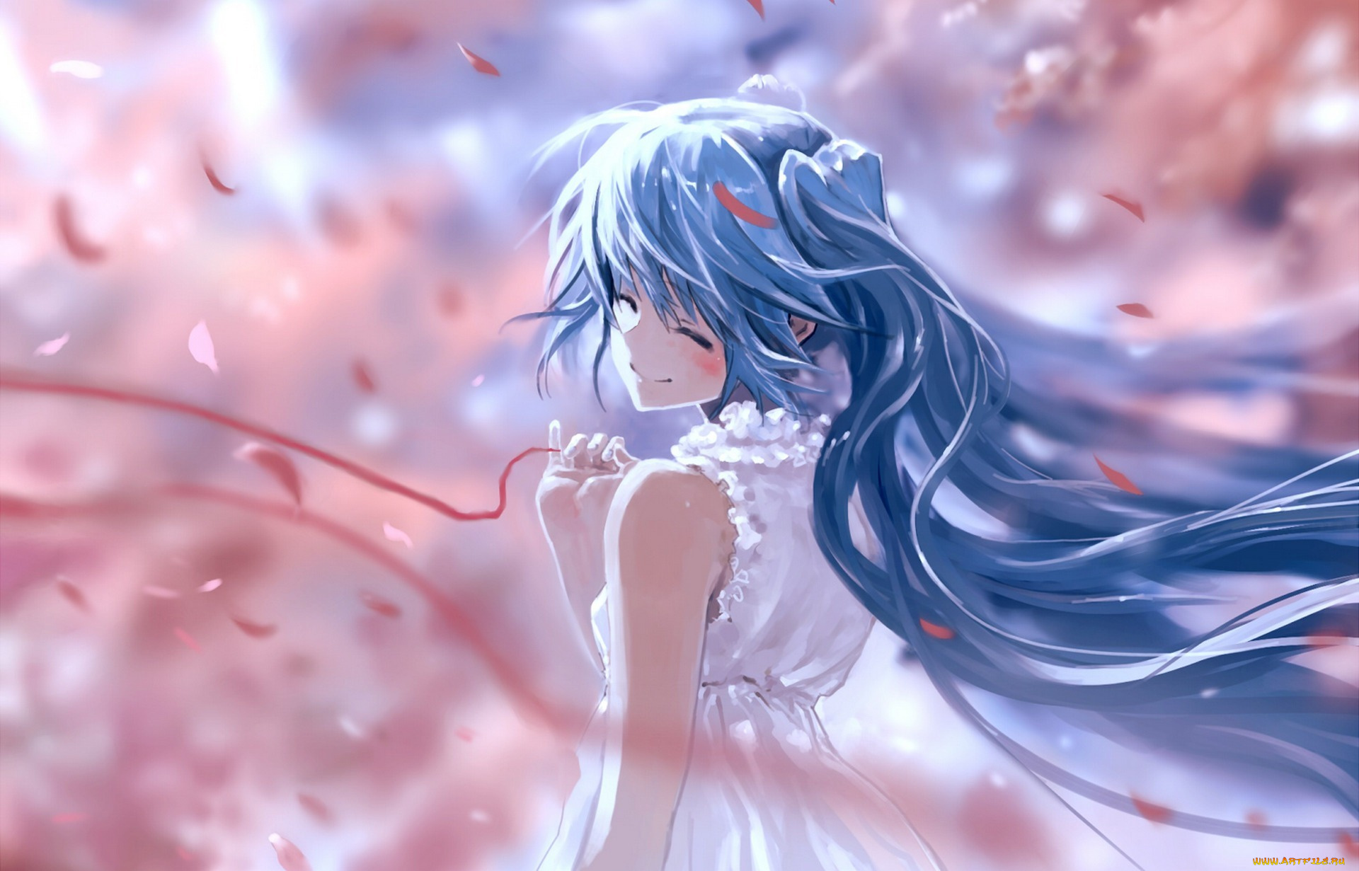 аниме, vocaloid, арт, bob, biyonbiyon, вокалоид, hatsune, miku, девушка, лепестки, улыбка, нежность, нитка