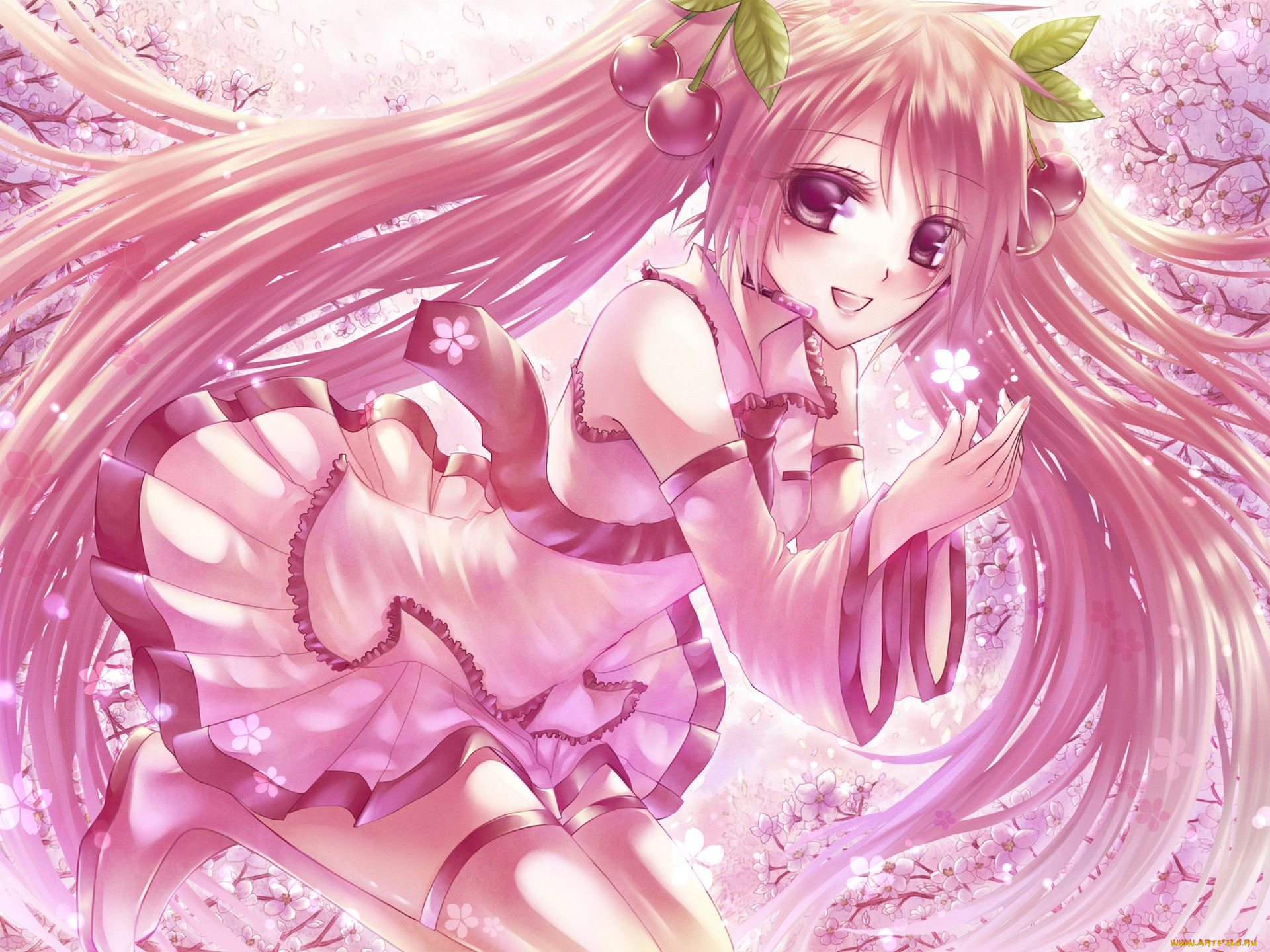 vocaloid, аниме, арт, kurone, kuroneko, sakura, miku, девушка, вишенки, цветы, сакура, ветви, деревья