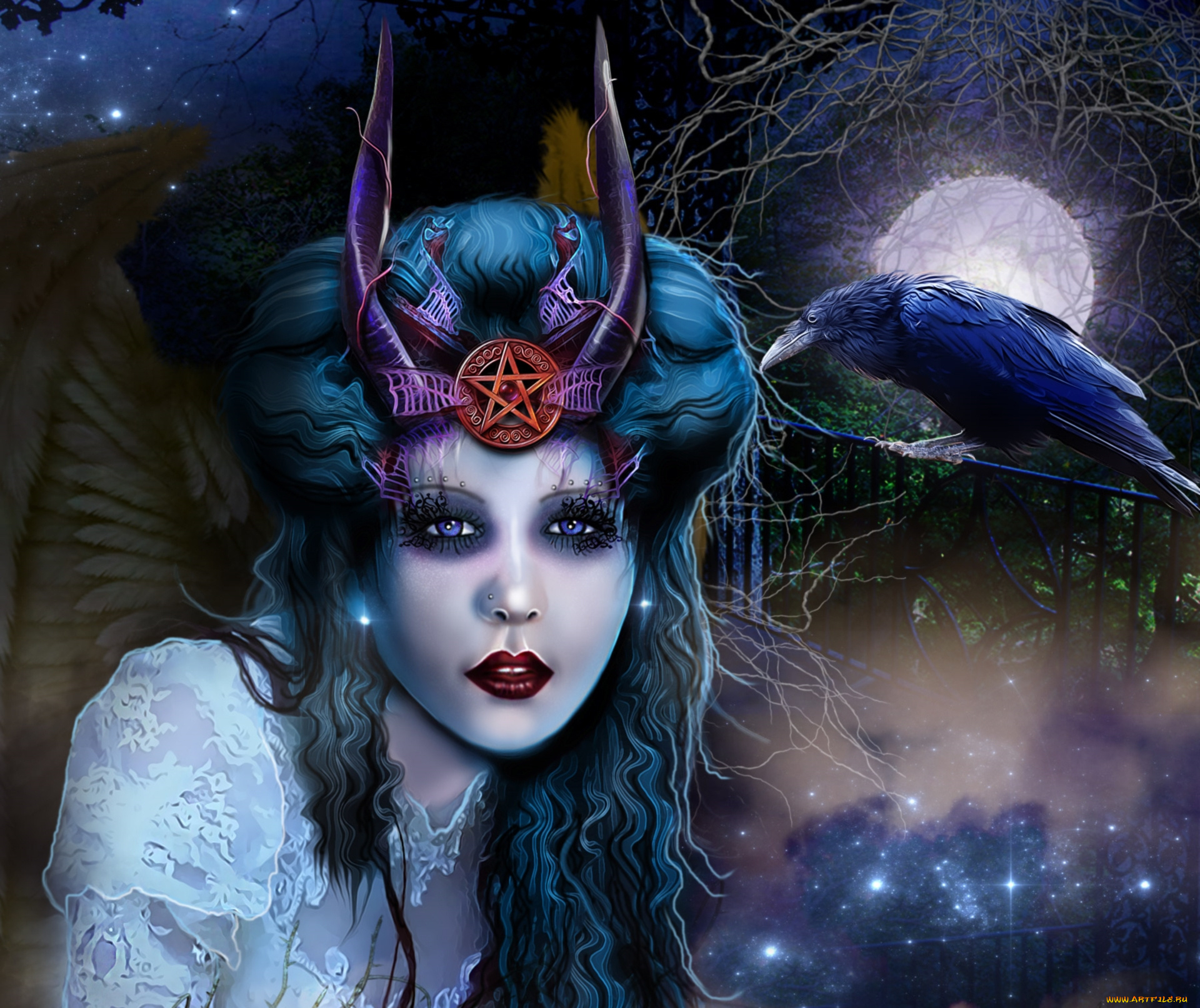 фэнтези, фотоарт, ворон, рога