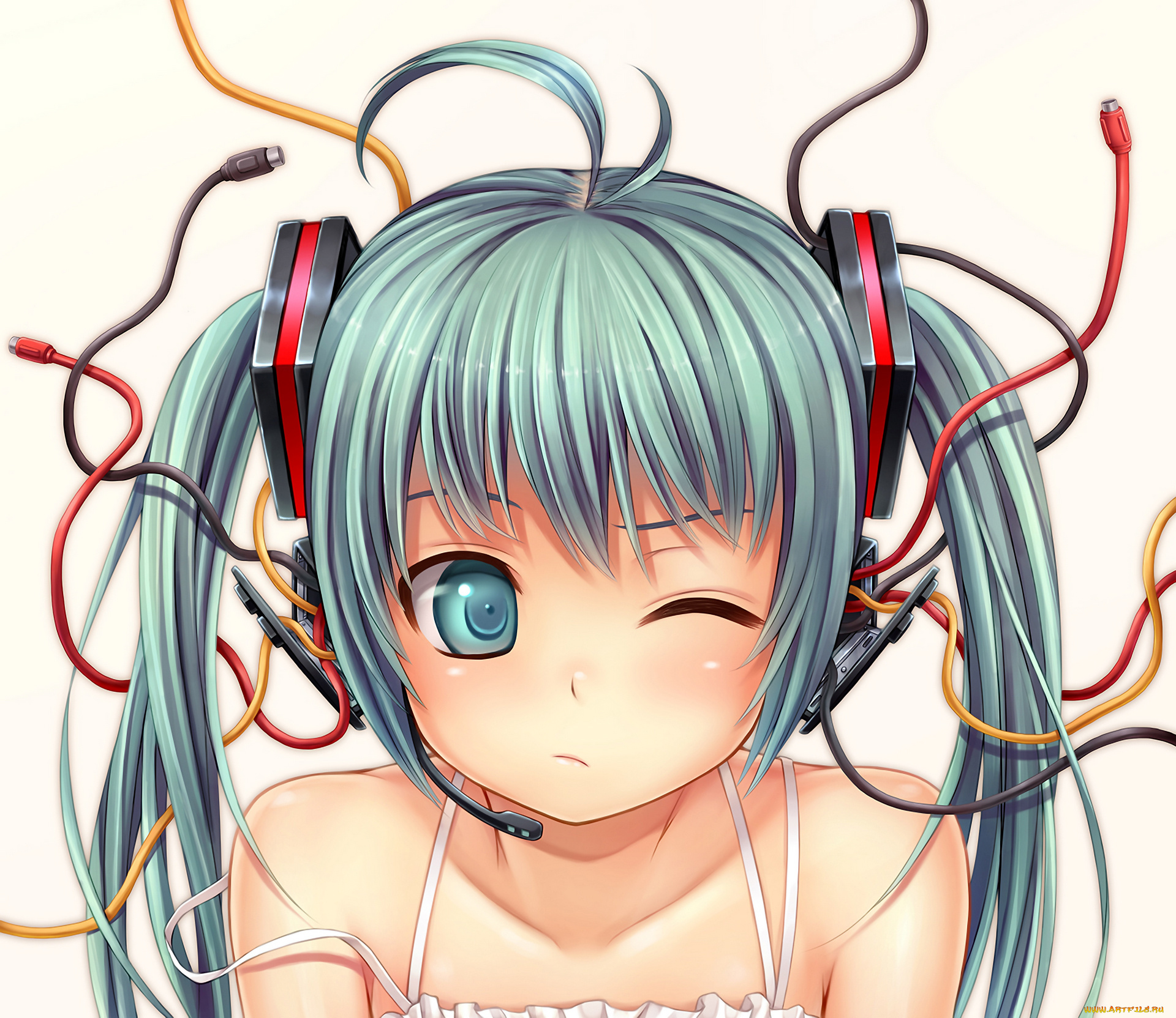 vocaloid, аниме, art, провода, наушники, девушка, hatsune, miku, namaru