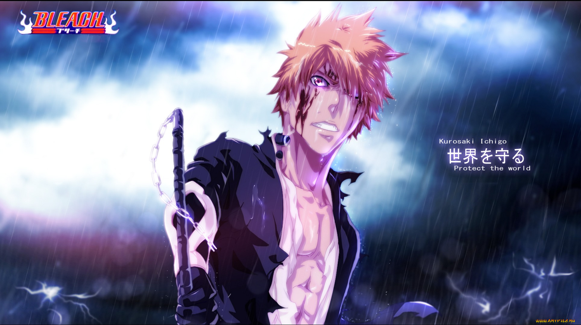 аниме, bleach, злость, кровь, гроза, небо, иероглифы, молнии, дождь, куросаки, ичиго, рыжий, парень, блич