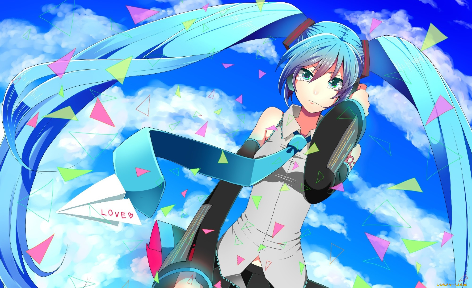 vocaloid, аниме, треугольники, бумага, облака, love, бумажный, самолетик, девушка, слезы, hatsune, miku, somezima, арт