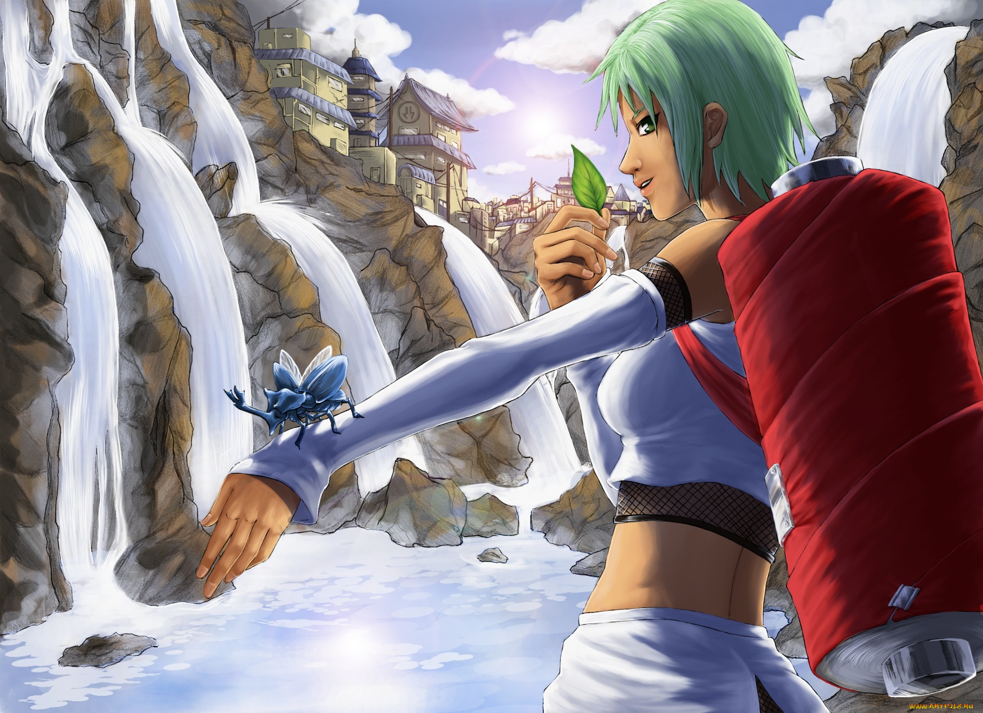 аниме, naruto, фан, арт, лист, девушка, джинчурики, насекомые, водопад, небо, облака, свиток, строения