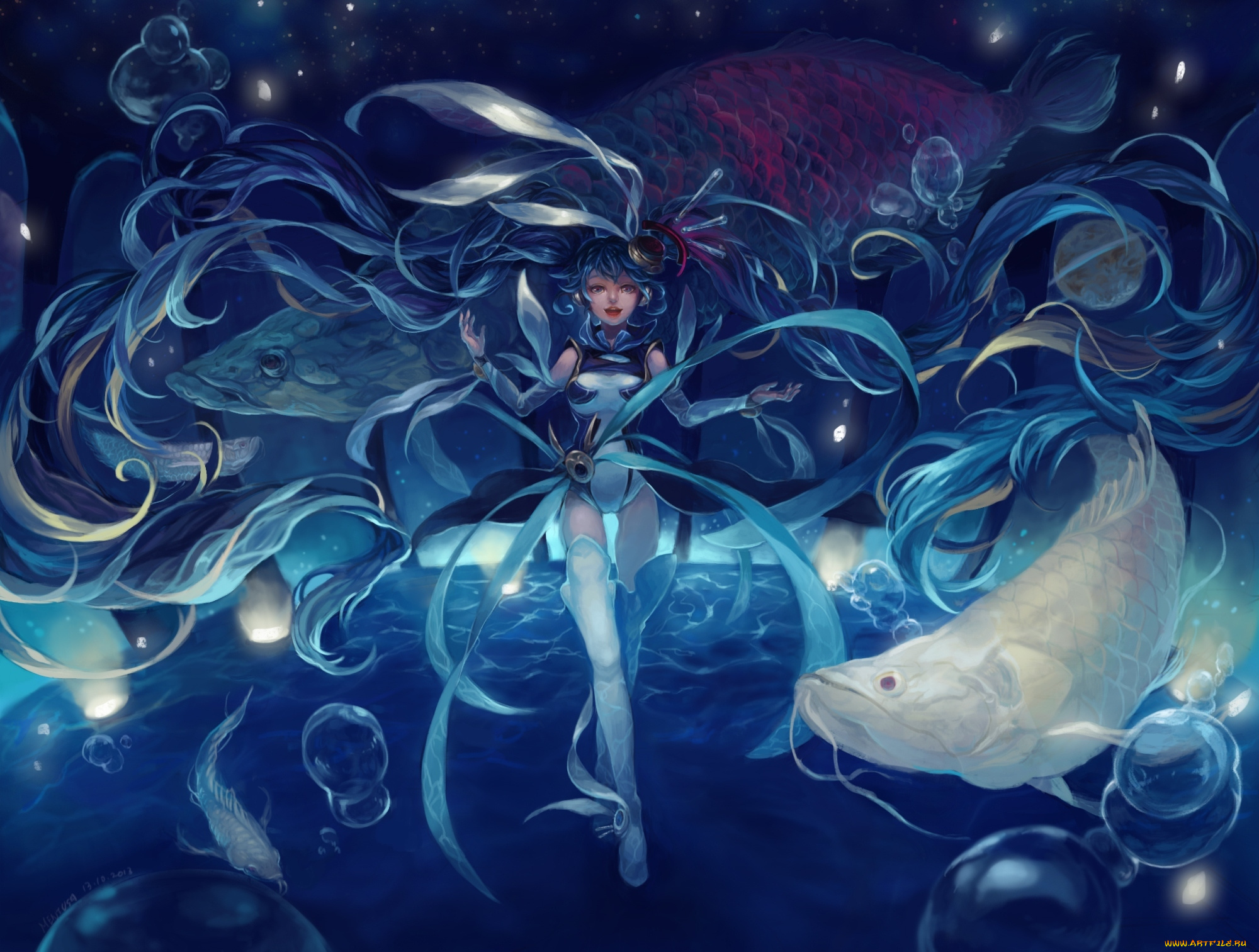 vocaloid, аниме, пузыри, рыбы, девушка, hatsune, miku, meniusa, арт, под, водой