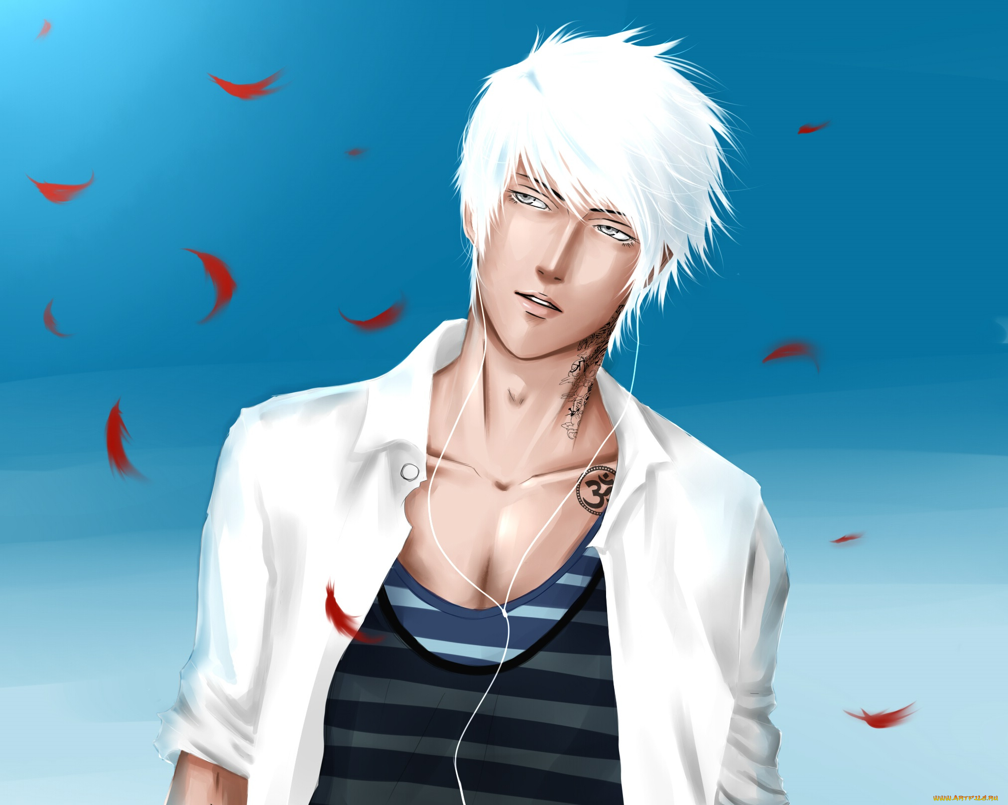 аниме, -headphones, &, instrumental, парень, перья, наушники, тату, белые, волосы
