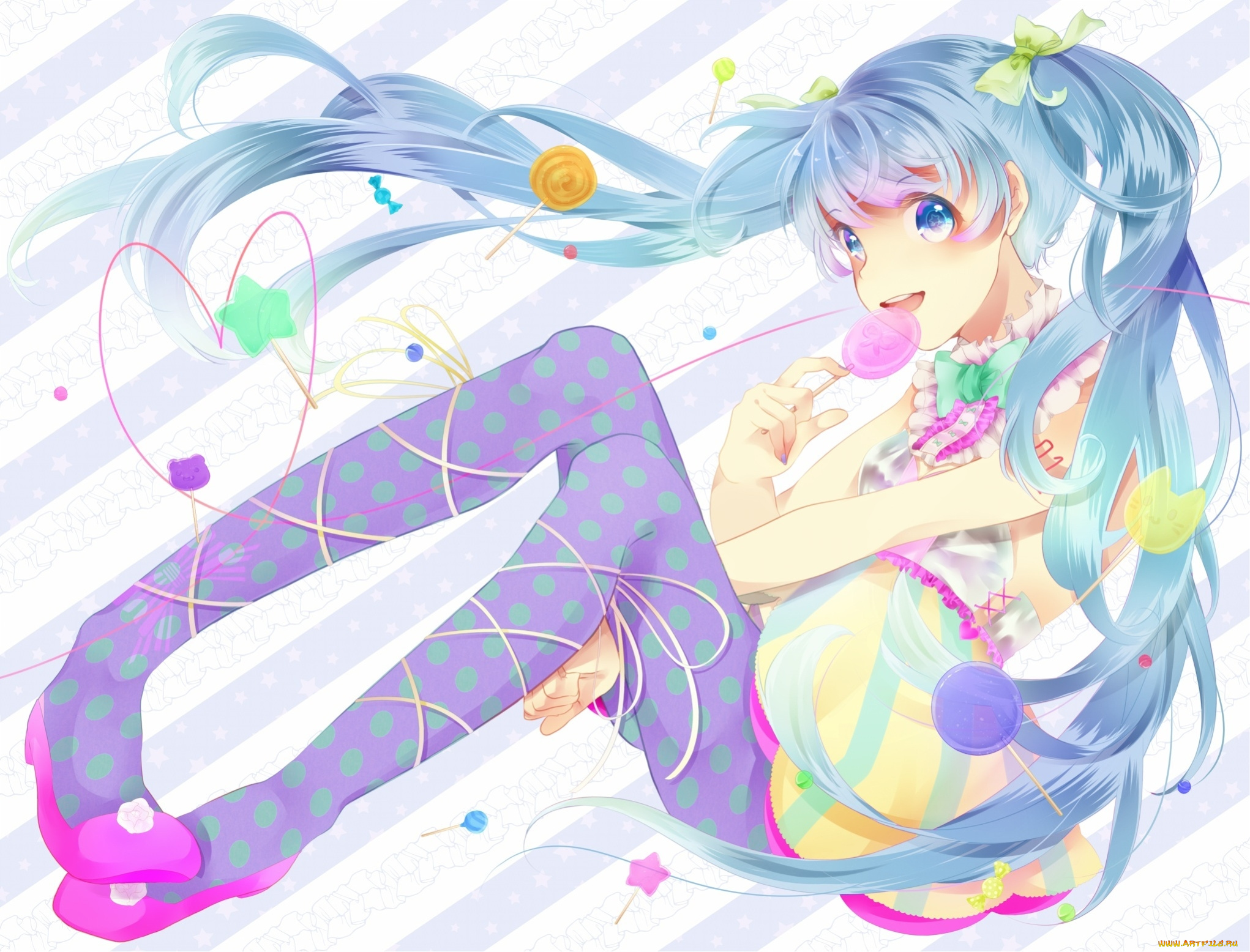 vocaloid, аниме, арт, ichika, krone1, hatsune, miku, девушка, конфеты, сладости, бантики