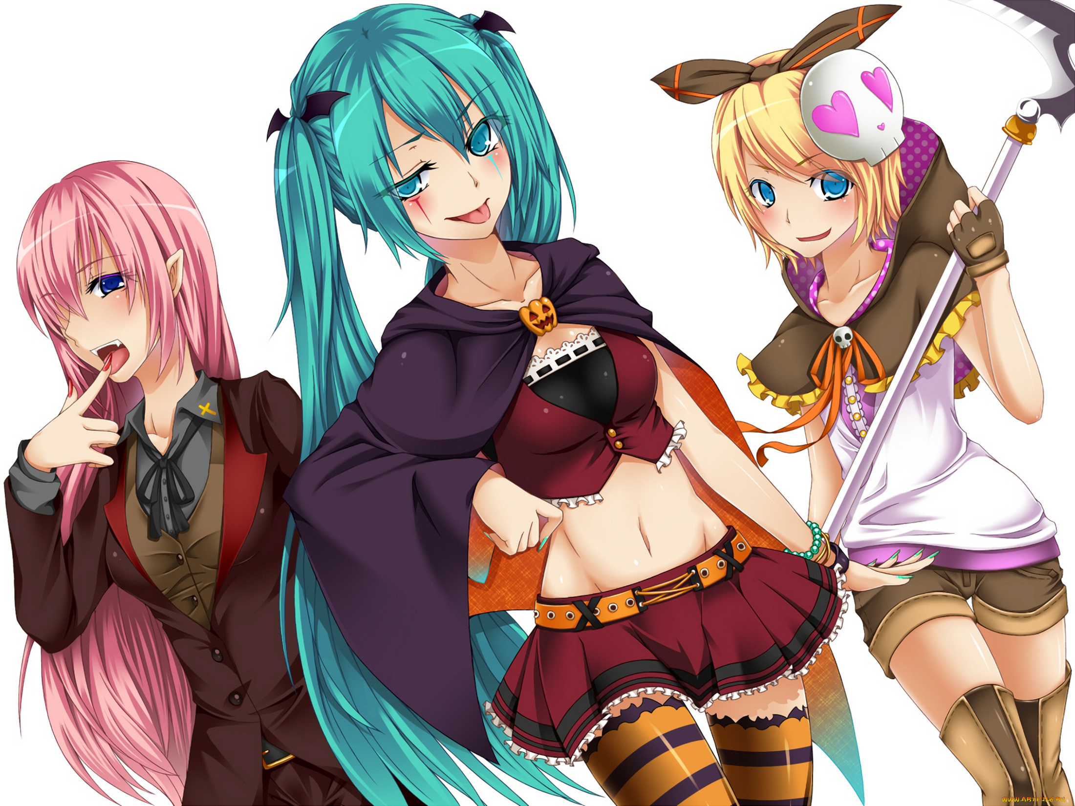 аниме, vocaloid, art, goma, azarasi, hatsune, miku, kagamine, rin, megurine, luka, halloween, девушки, костюмы, хеллоуин