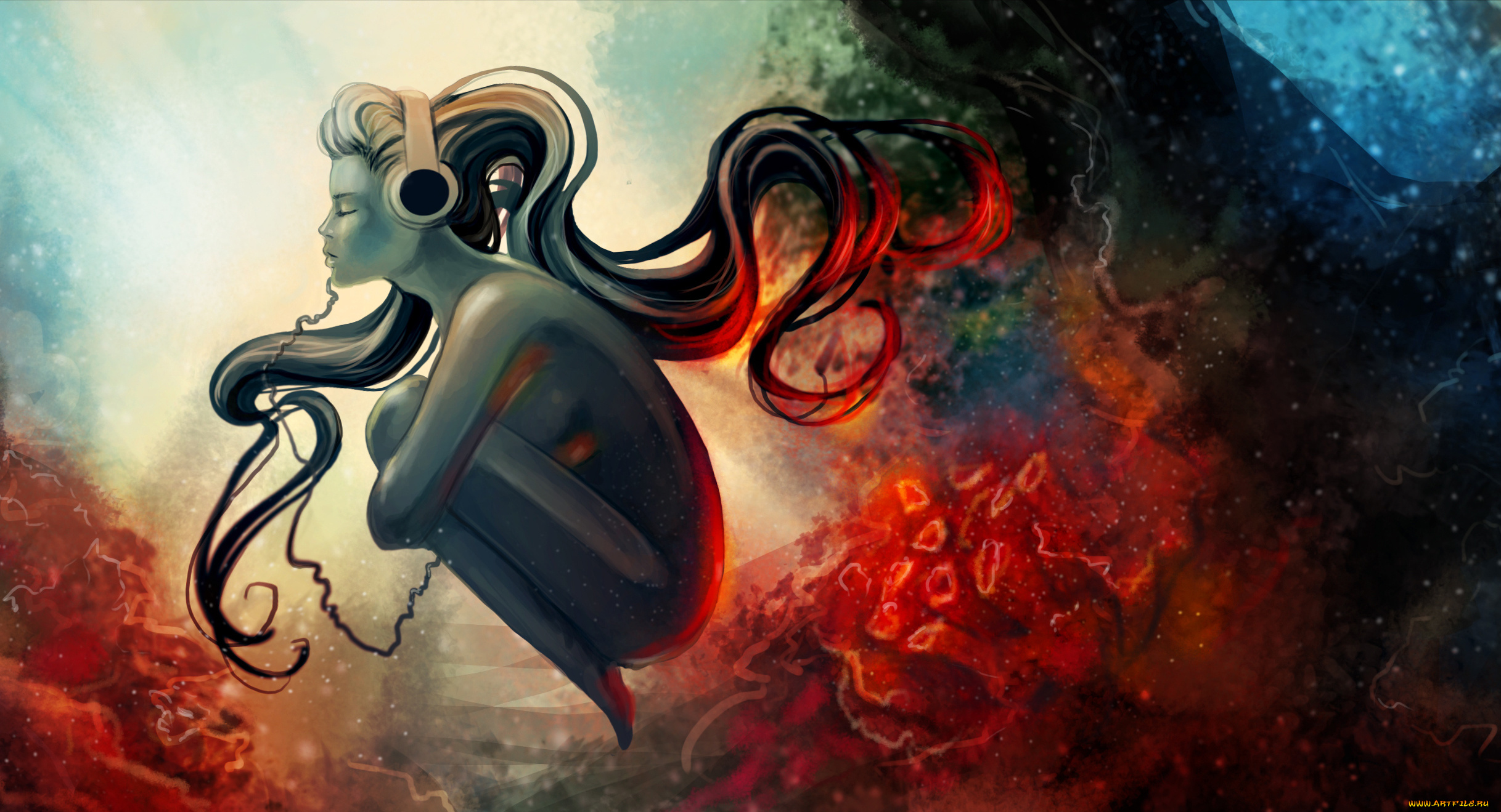 девушка, фэнтези, девушки, наушники