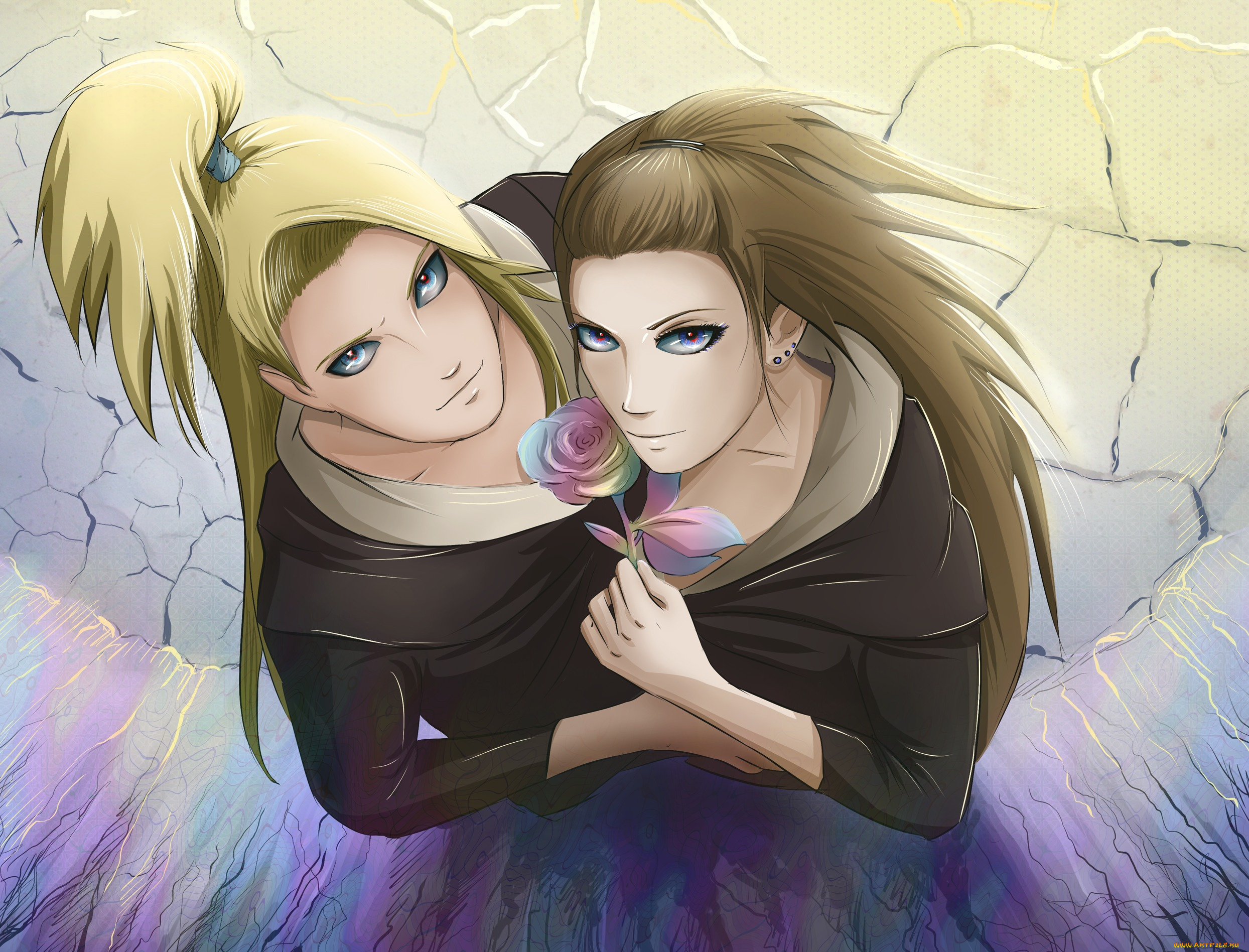 аниме, naruto, взгляды, блондин, парень, шатенка, пара, арт, роза, трешины, объятия