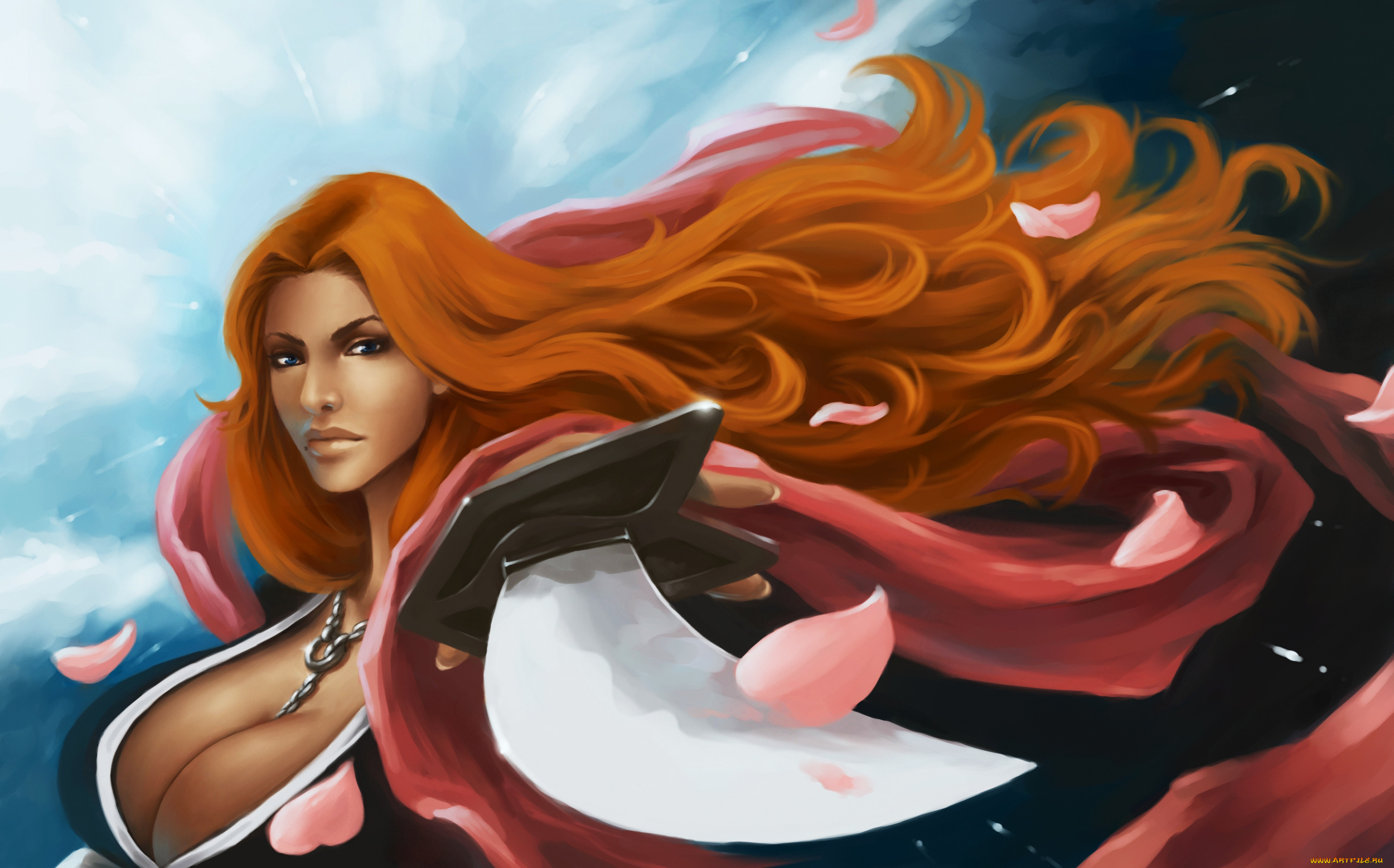 аниме, bleach, 10, отряд, лейтенант, лепестки, грудь, ночь, занпакто, рыжая, девушка, арт, блич, волосы