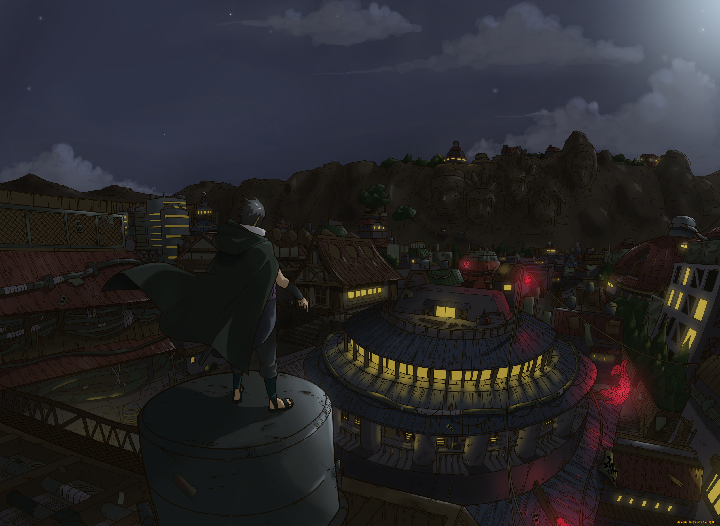 аниме, naruto, коноха, деревня, лист, ночь, небо, облака, дома, саске, учиха, свет, плащ, звёзды