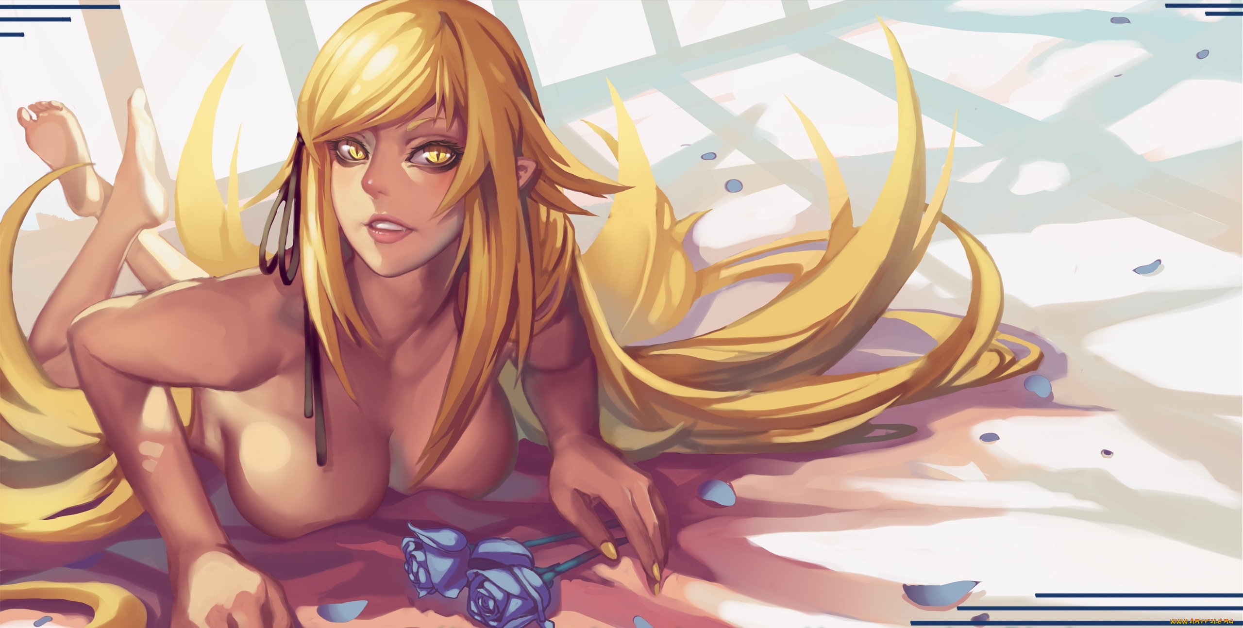 аниме, bakemonogatari, kissshot, acerolaorion, heartunderblade, девушка, madyy, art, розы, лепестки, грудь, цветы, улыбка, взгляд