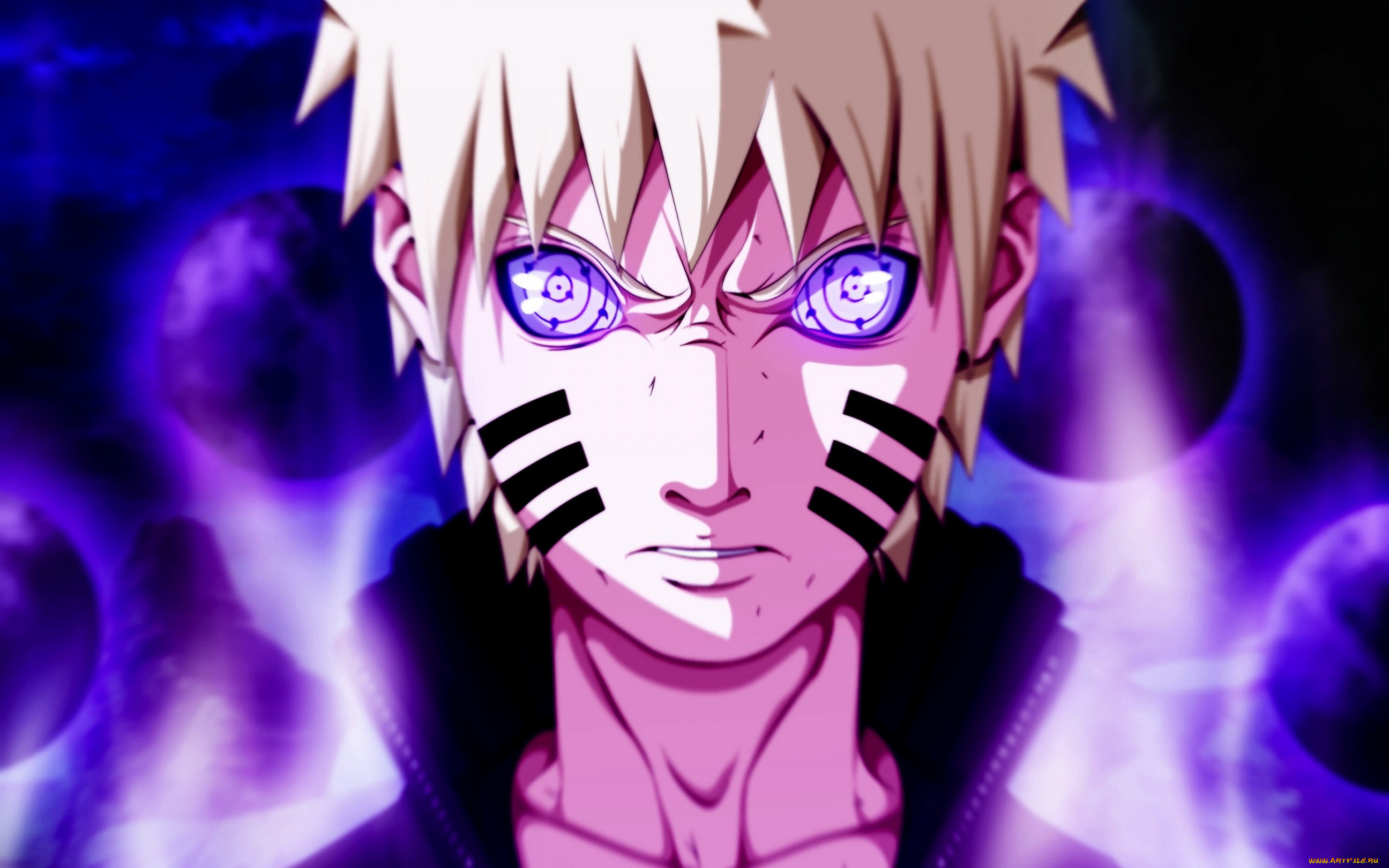 аниме, naruto, наруто, узумаки, риннеган, арт, парень, глаза, лицо, взгляд, злость, шары, сияние, блондин, полоски