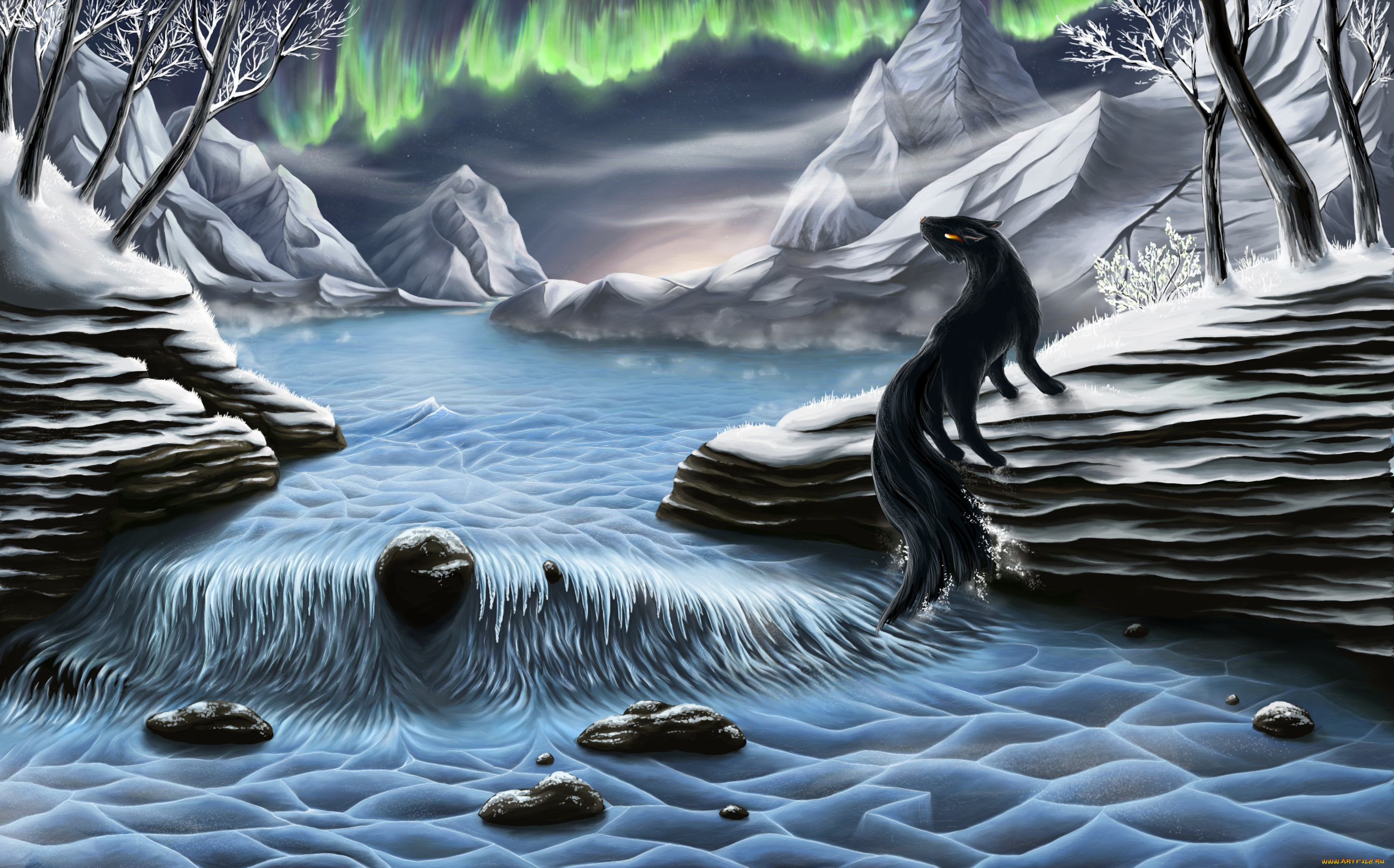 фэнтези, существа, существо, сияние, деревья, вода, камни, арт