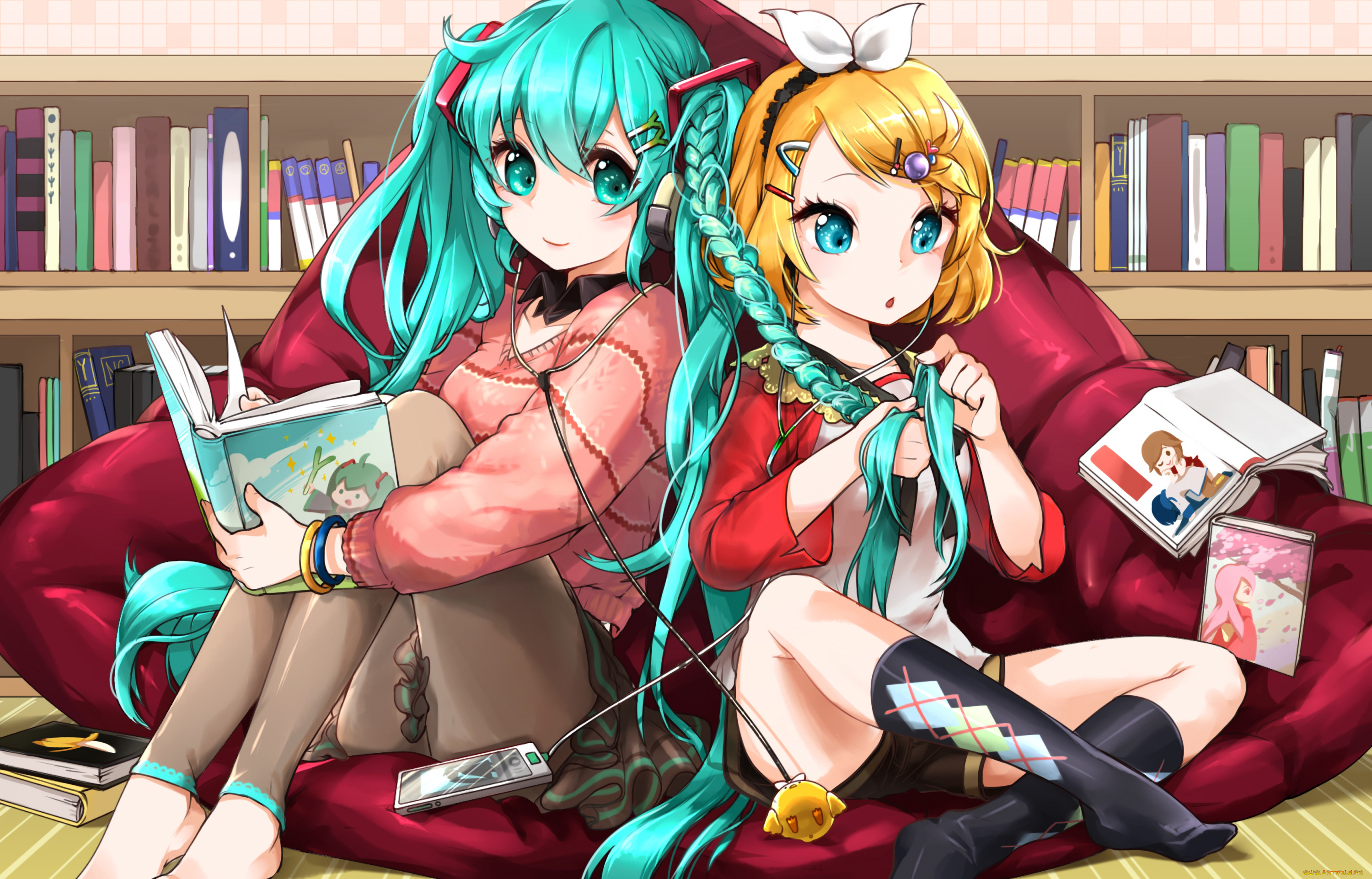 аниме, vocaloid, арт, kimjae737, hatsune, miku, kagamine, rin, девушки, дом, комната, сидя, наушники, манга, косичка, книги, музыка