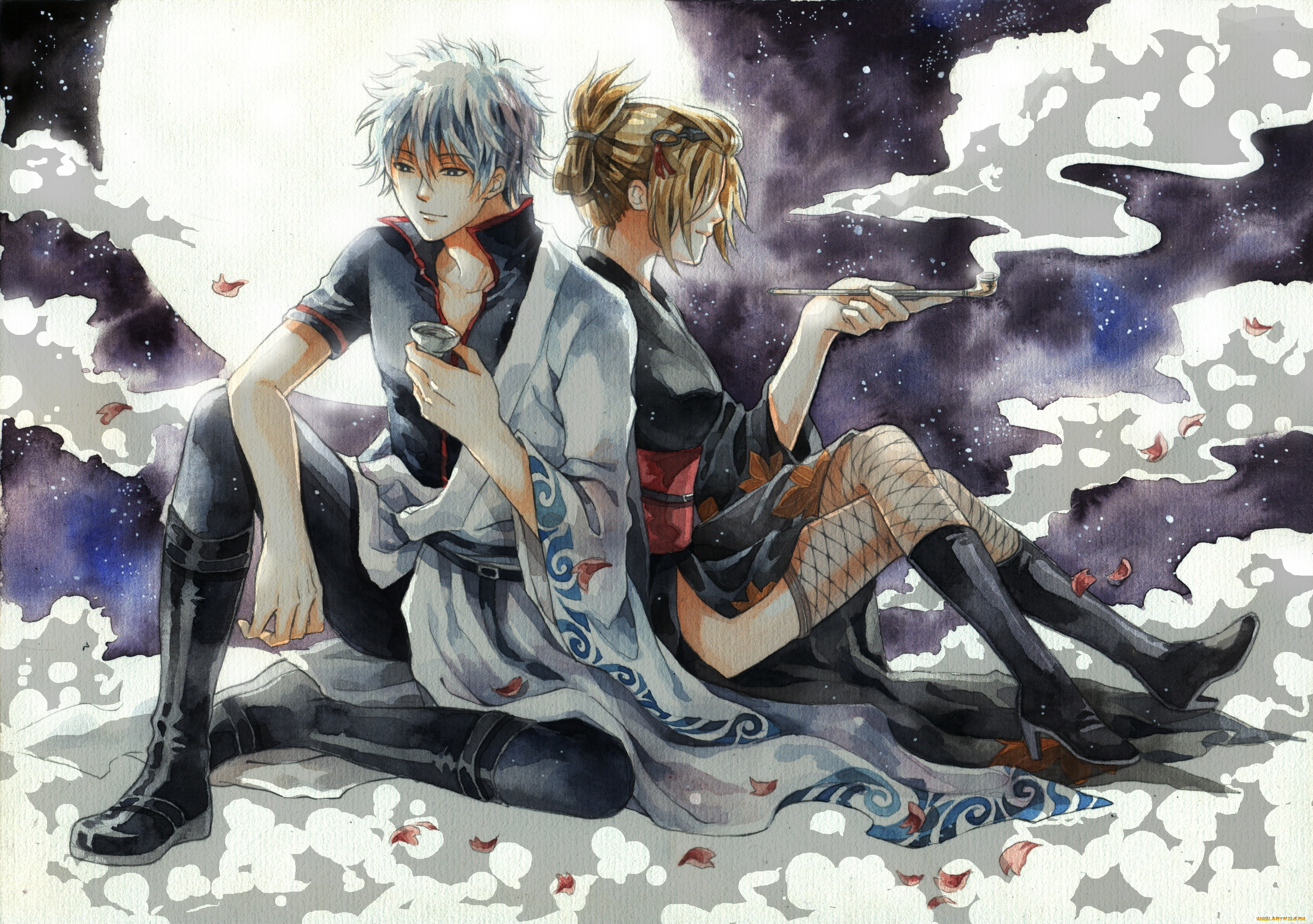 аниме, gintama, sakata, gintoki, парень, саке, курительная, трубка, луна, ночь, tsukuyo, девушка