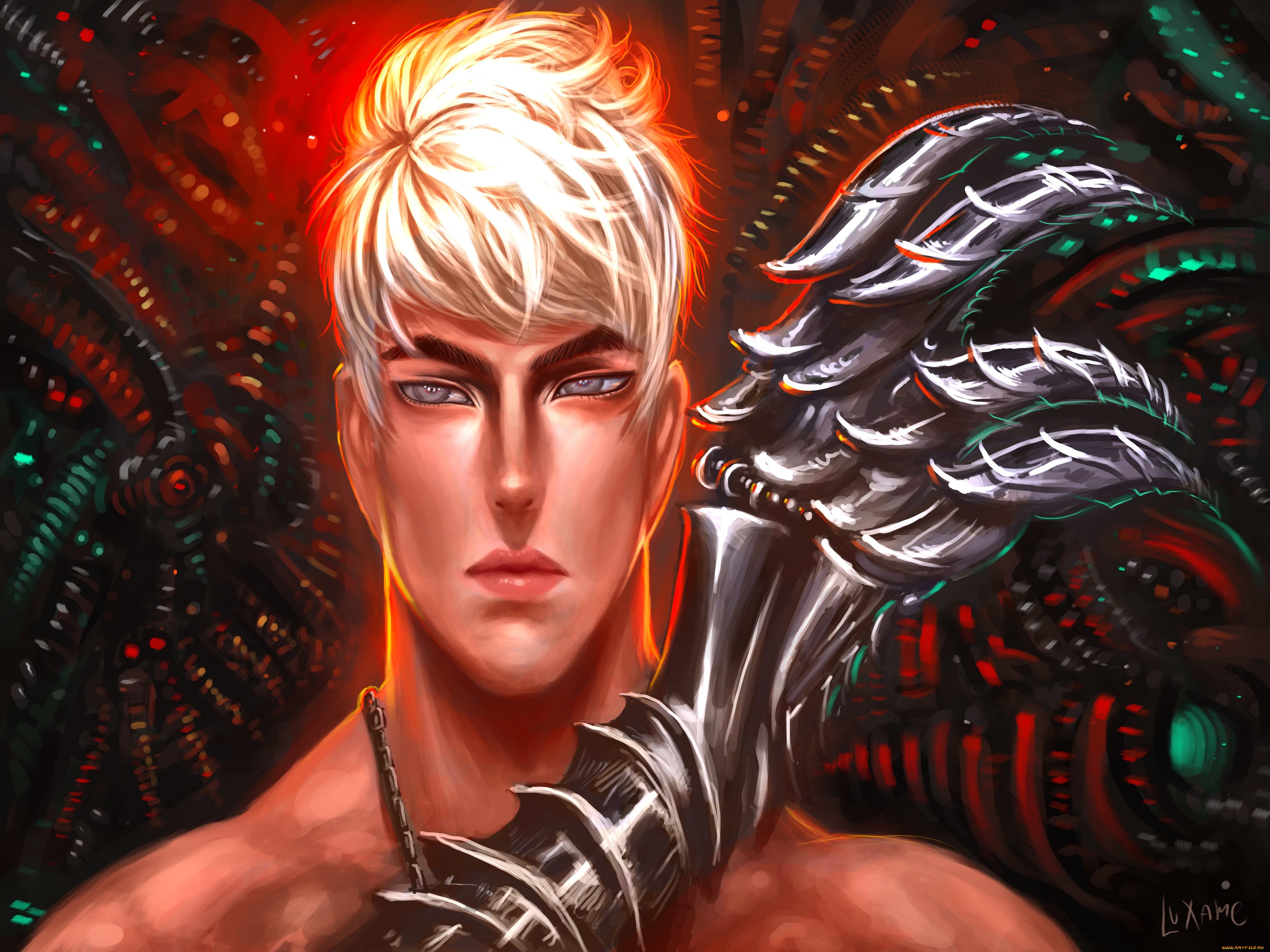 фэнтези, люди, блондин, рука, железная, парень, лицо