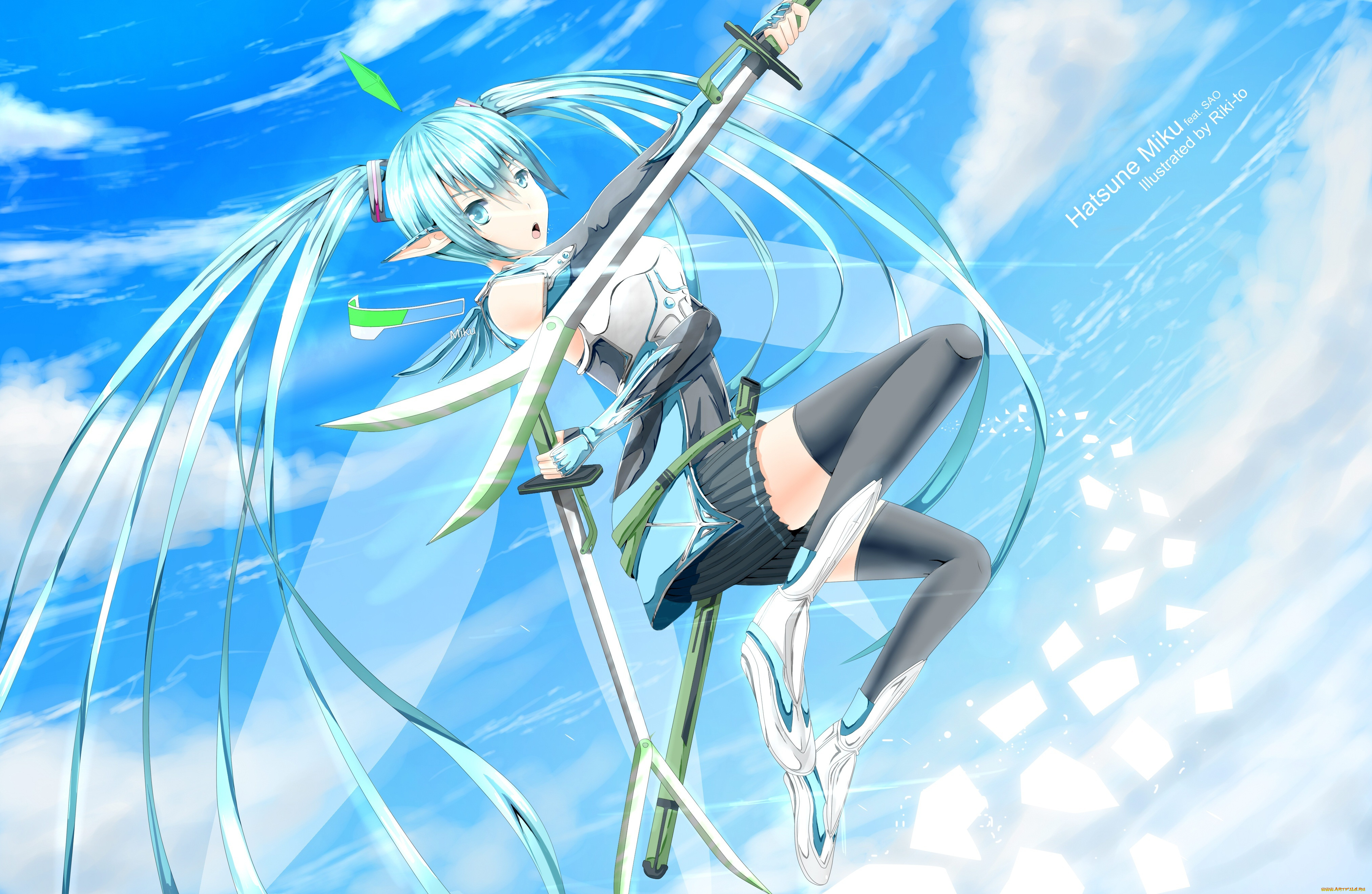 vocaloid, аниме, sword, art, online, ножны, мечи, доспех, форма, полёт, крылья, взгляд, девушка, hatsune, miku, riki-to, cross-over, кроссовер, облака, небо, оружие