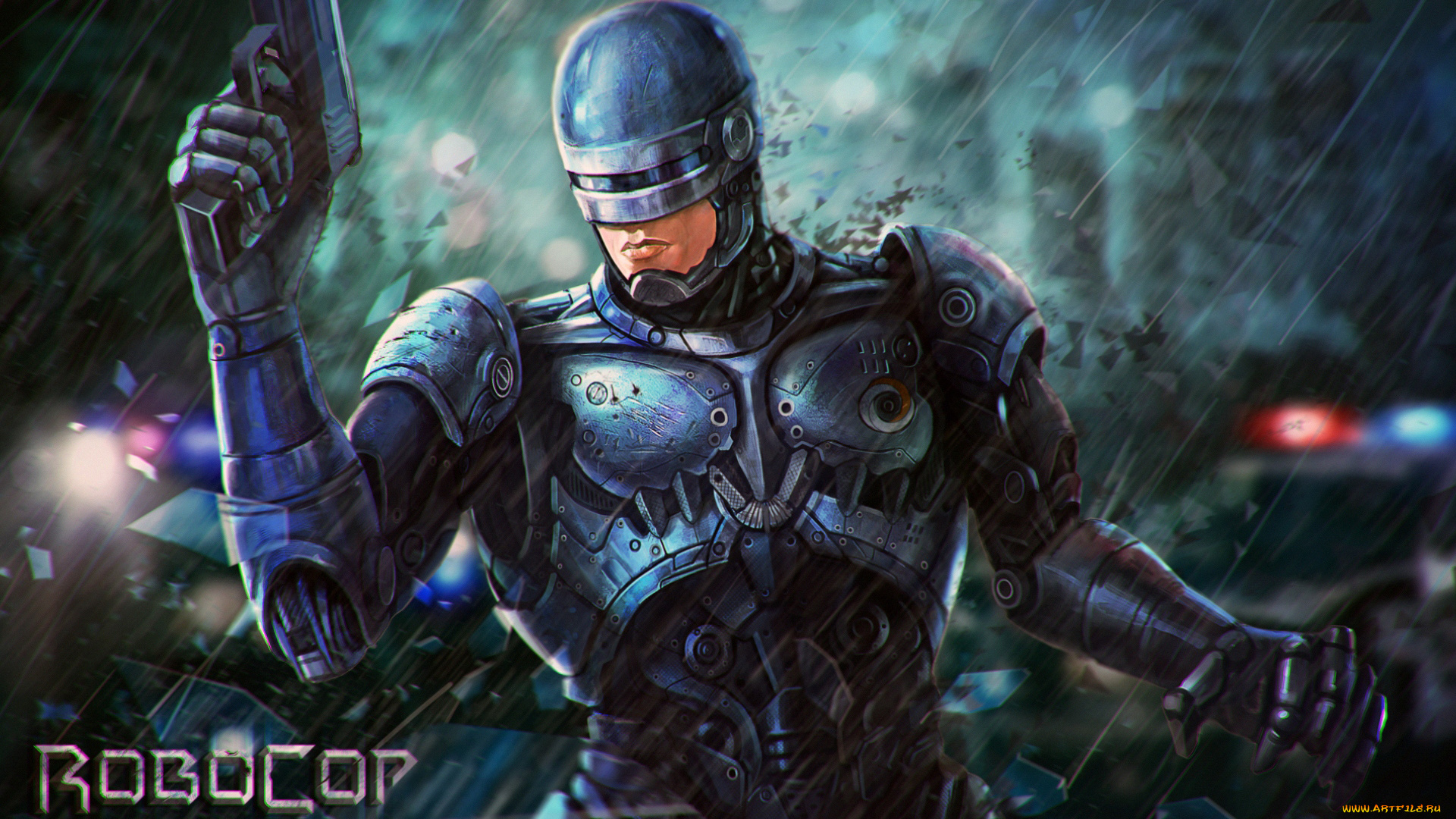 рисованное, кино, robocop, фантастика, арт, шлем, пистолет, броня, робот, alex, murphy, робот-полицейский