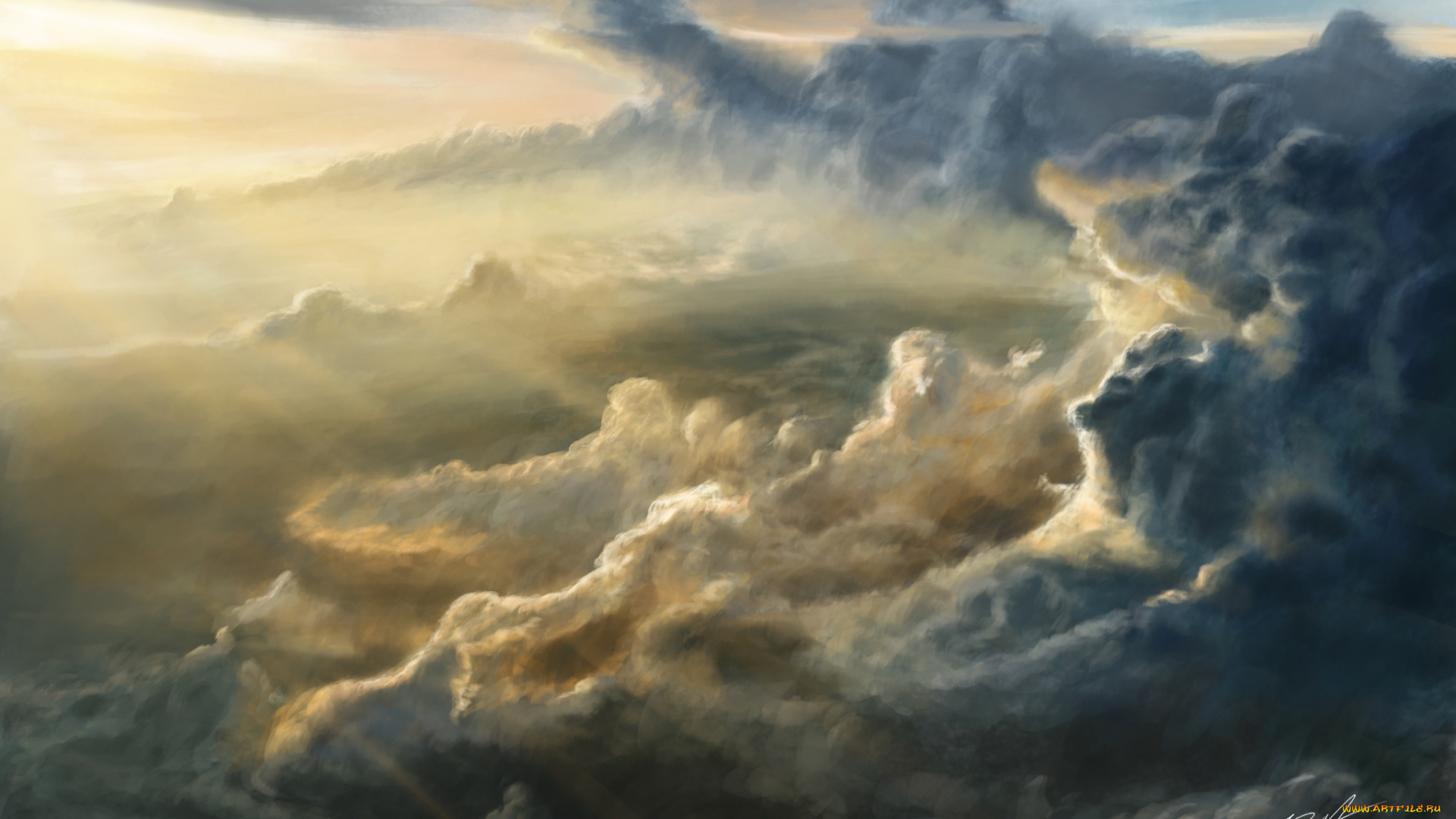 рисованное, природа, солнце, высота, солнечные, лучи, небо, облака