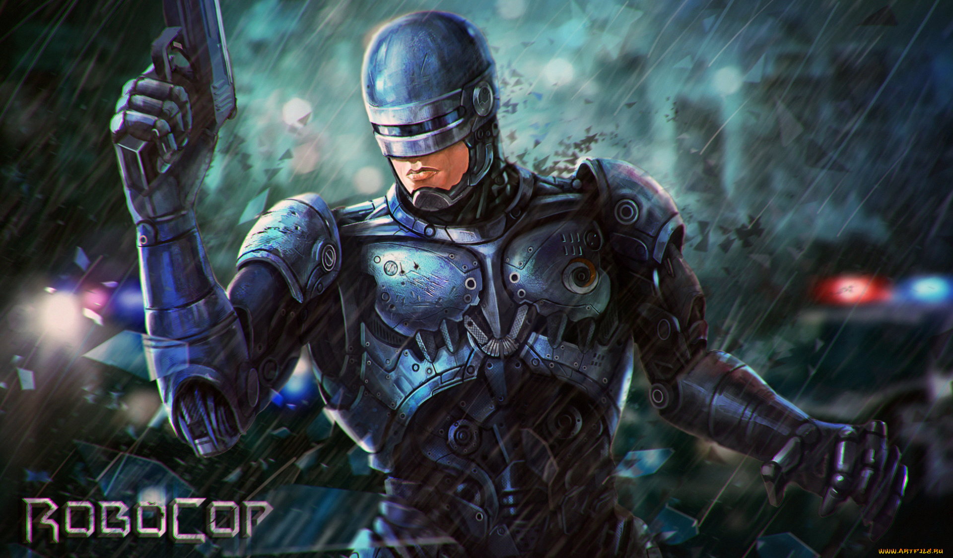 рисованное, кино, robocop, фантастика, арт, шлем, пистолет, броня, робот, alex, murphy, робот-полицейский
