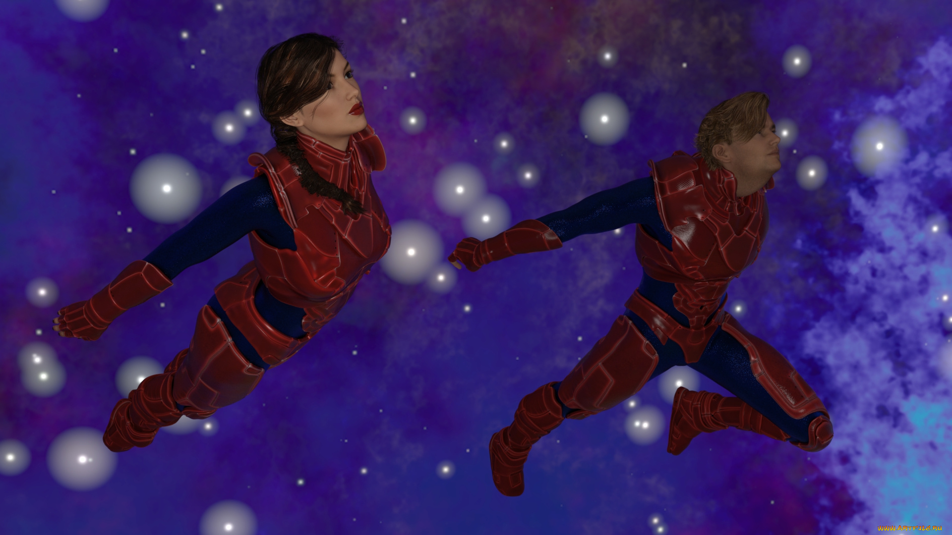 3д, графика, фантазия, , fantasy, девушка, взгляд, фон, парень, полет, космос, звезды