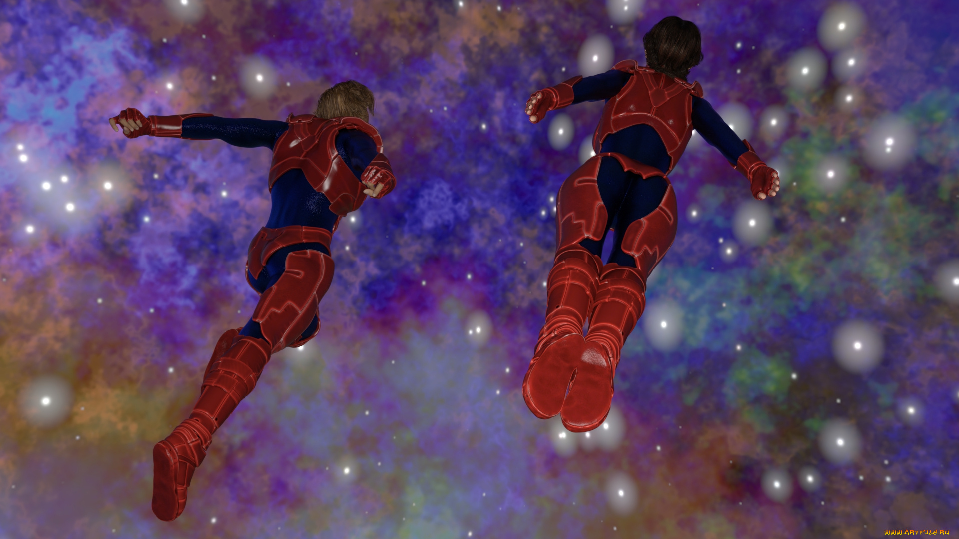 3д, графика, фантазия, , fantasy, девушка, взгляд, фон, парень, полет, космос, звезды