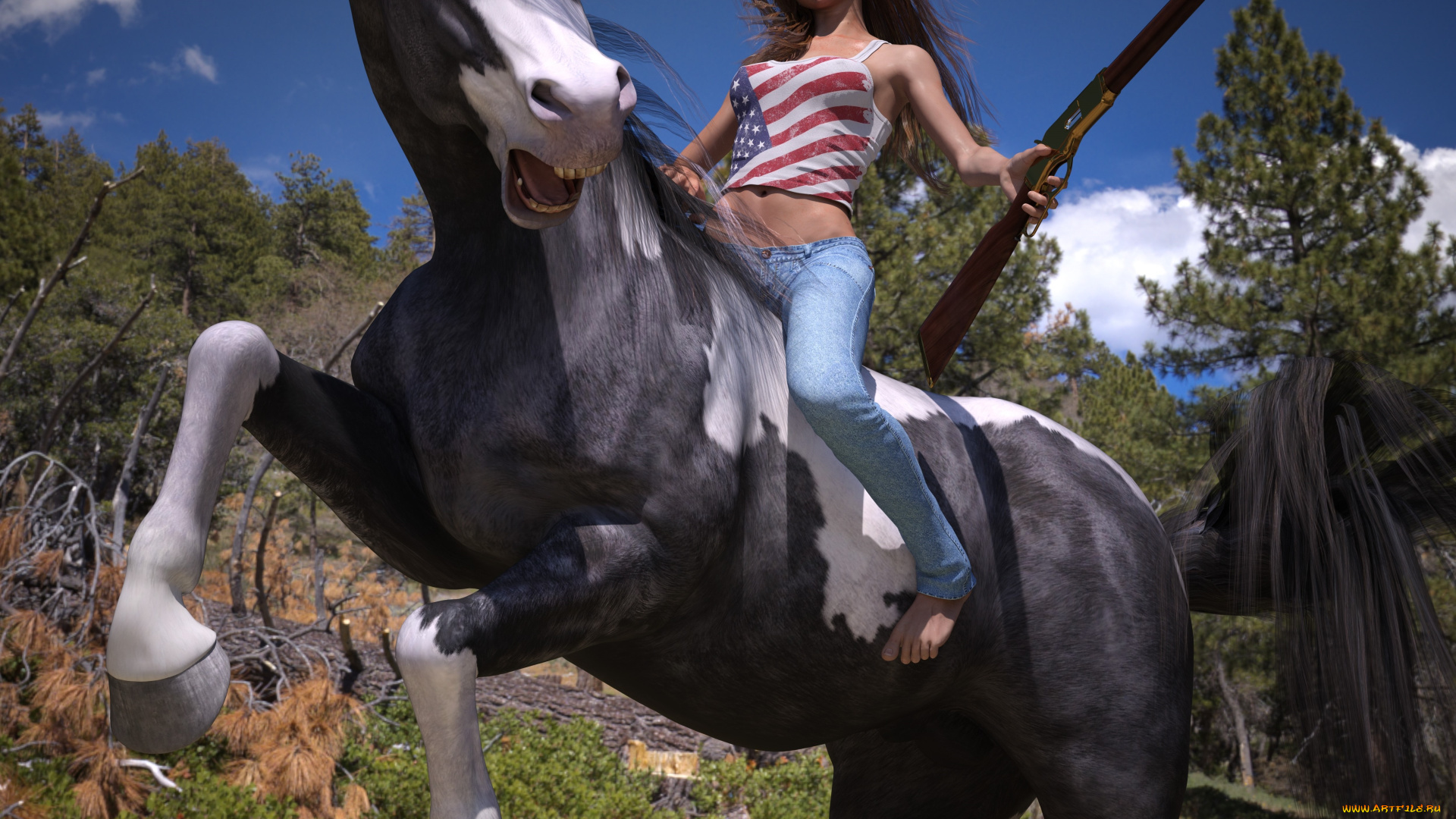 3д, графика, люди, и, животные, , people, and, animals, девушка, взгляд, фон, оружие, лошадь