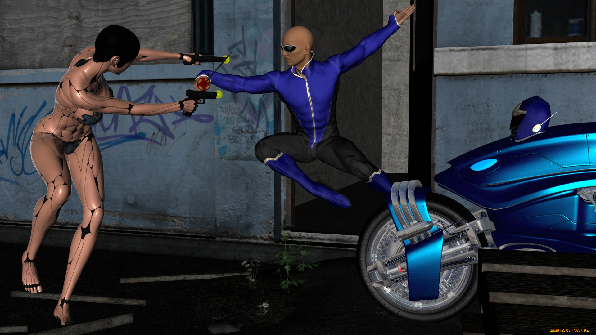 3д, графика, _science, fiction, мужчина, киллер, оружие, взгляд, девушка, фон