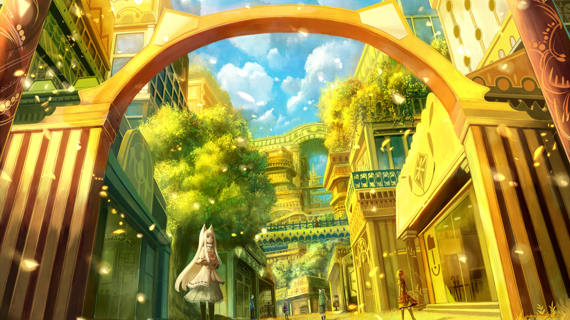 аниме, город, , улицы, , здания, bou, nin, девочки