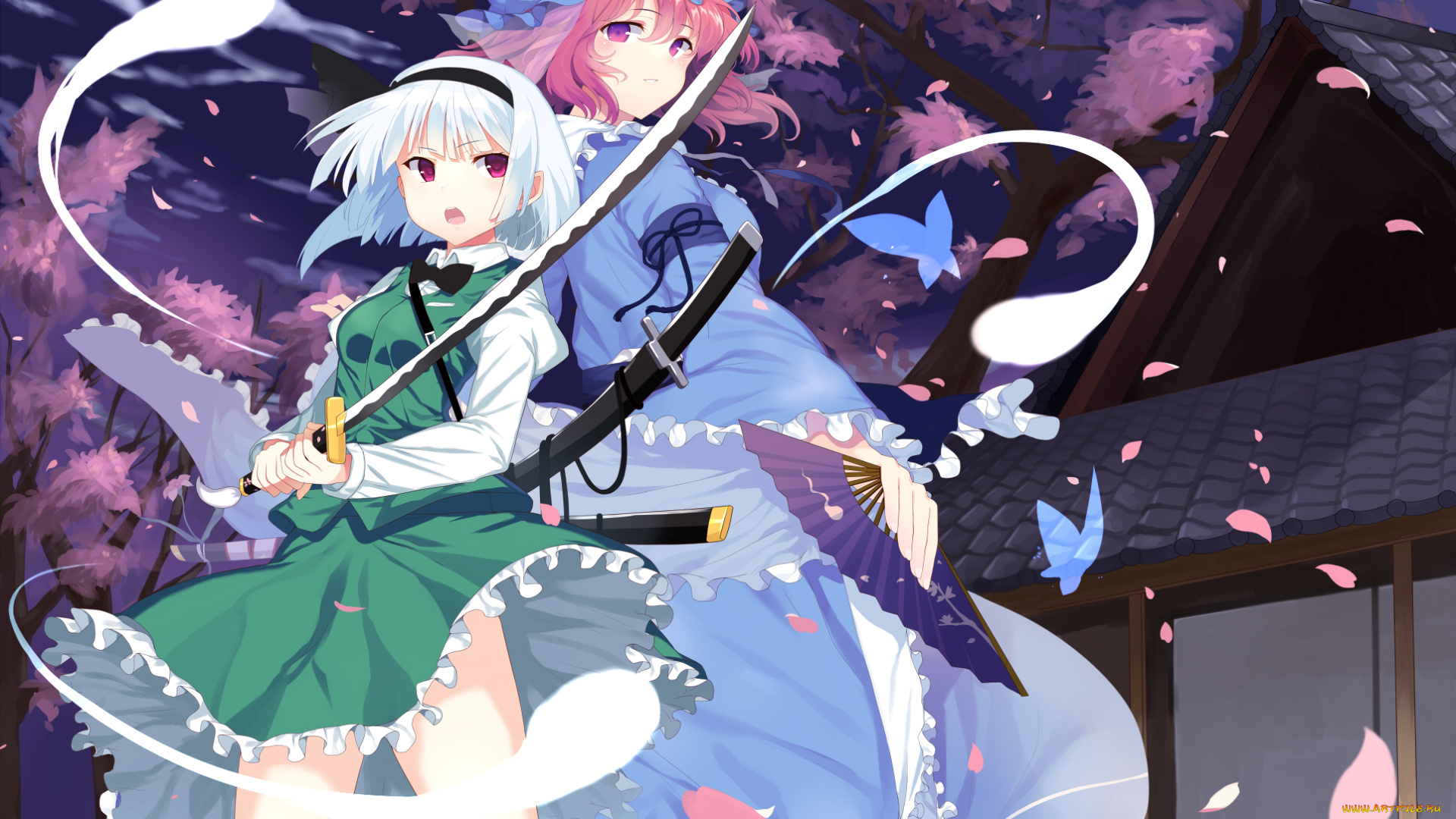 аниме, touhou, девушки, взгляд, оружие, фон