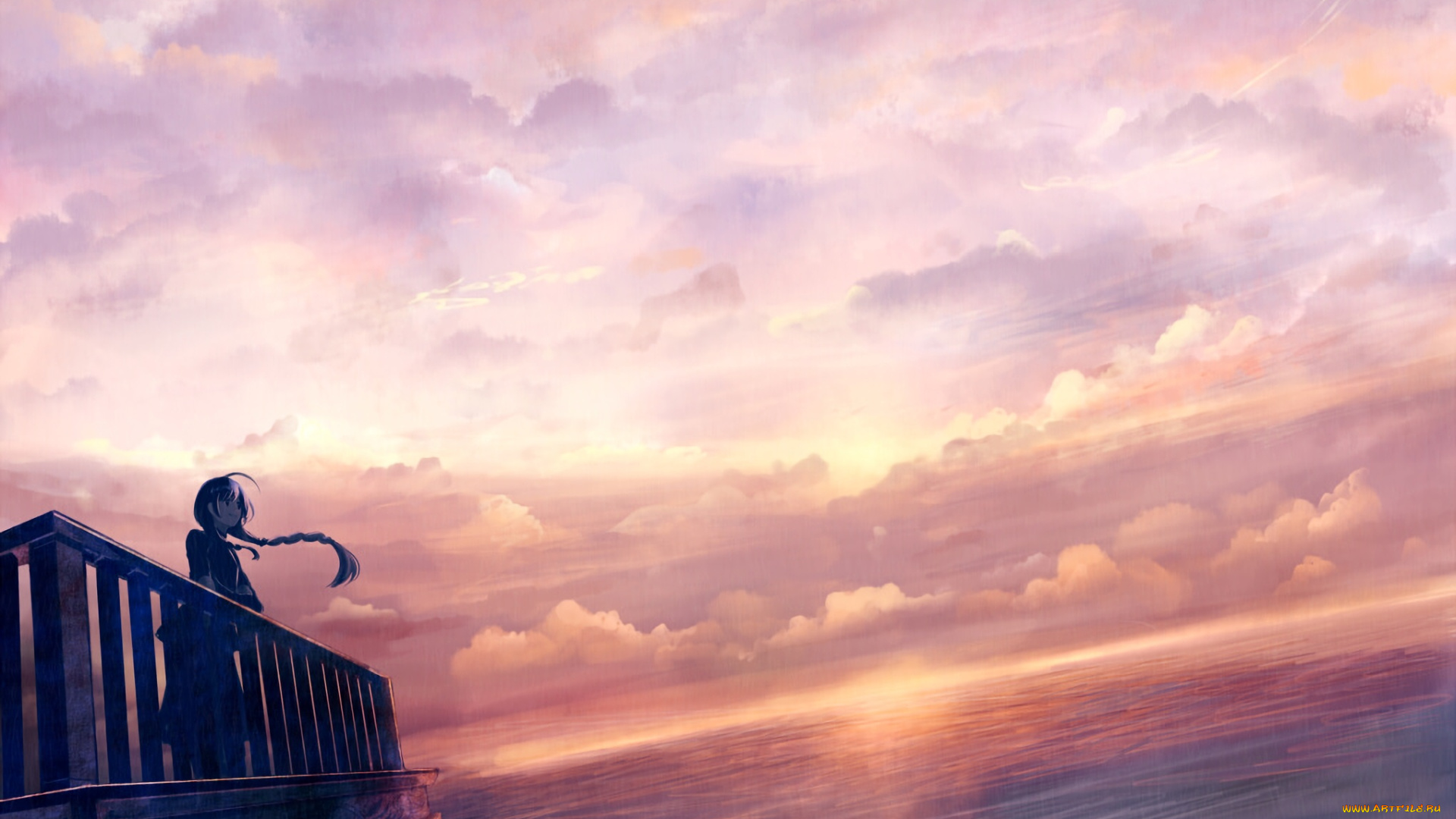 аниме, unknown, , другое, арт, закат, девушка