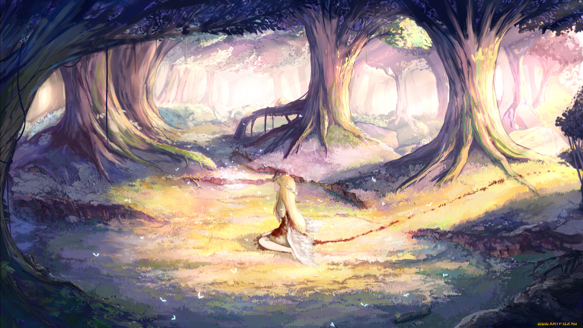 аниме, unknown, , другое, лес, девушка, кровь