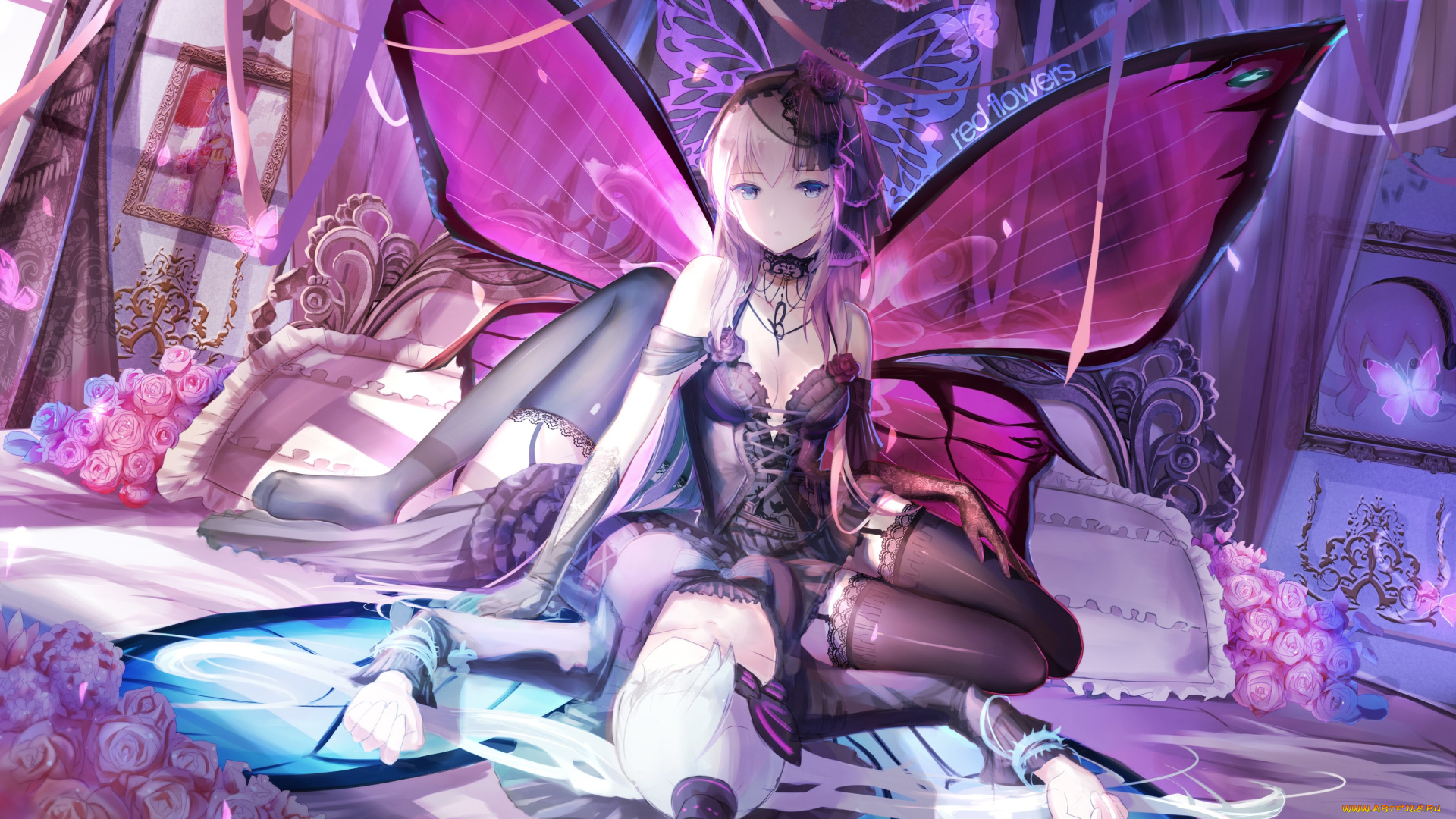 аниме, vocaloid, hatsune, miku, megurine, luka, red, flowers