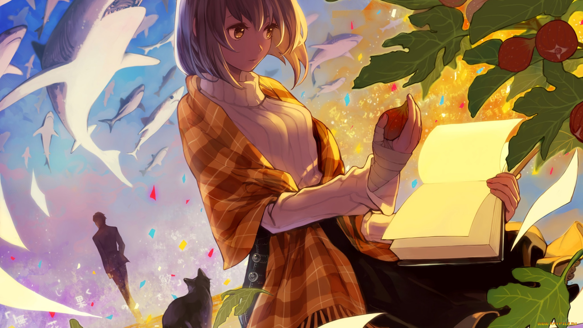 аниме, животные, , существа, hachijou, asa, арт, парень, девушка, книга, акулы, плоды